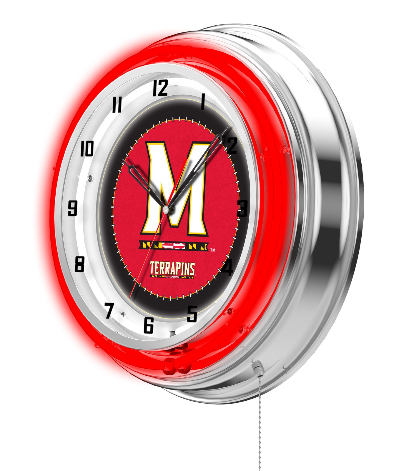 University of Maryland 19-Inch Neon Logo Clock in Chrome 2 University of Maryland 19-Inch Neon Logo Clock in Chrome - Image 2