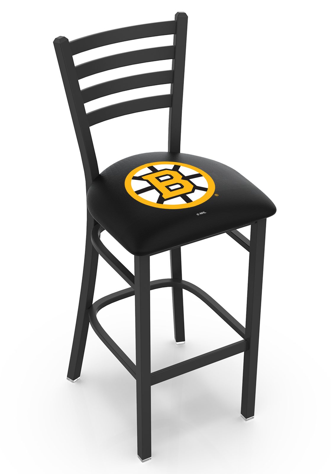 Boston Bruins 30-Inch Stationary Bar Stool w/ Black Wrinkle Finish, Ladder Back, 2.5-Inch Cushion Seat 1 Boston Bruins 30-Inch Stationary Bar Stool w/ Black Wrinkle Finish, Ladder Back, 2.5-Inch Cushion Seat