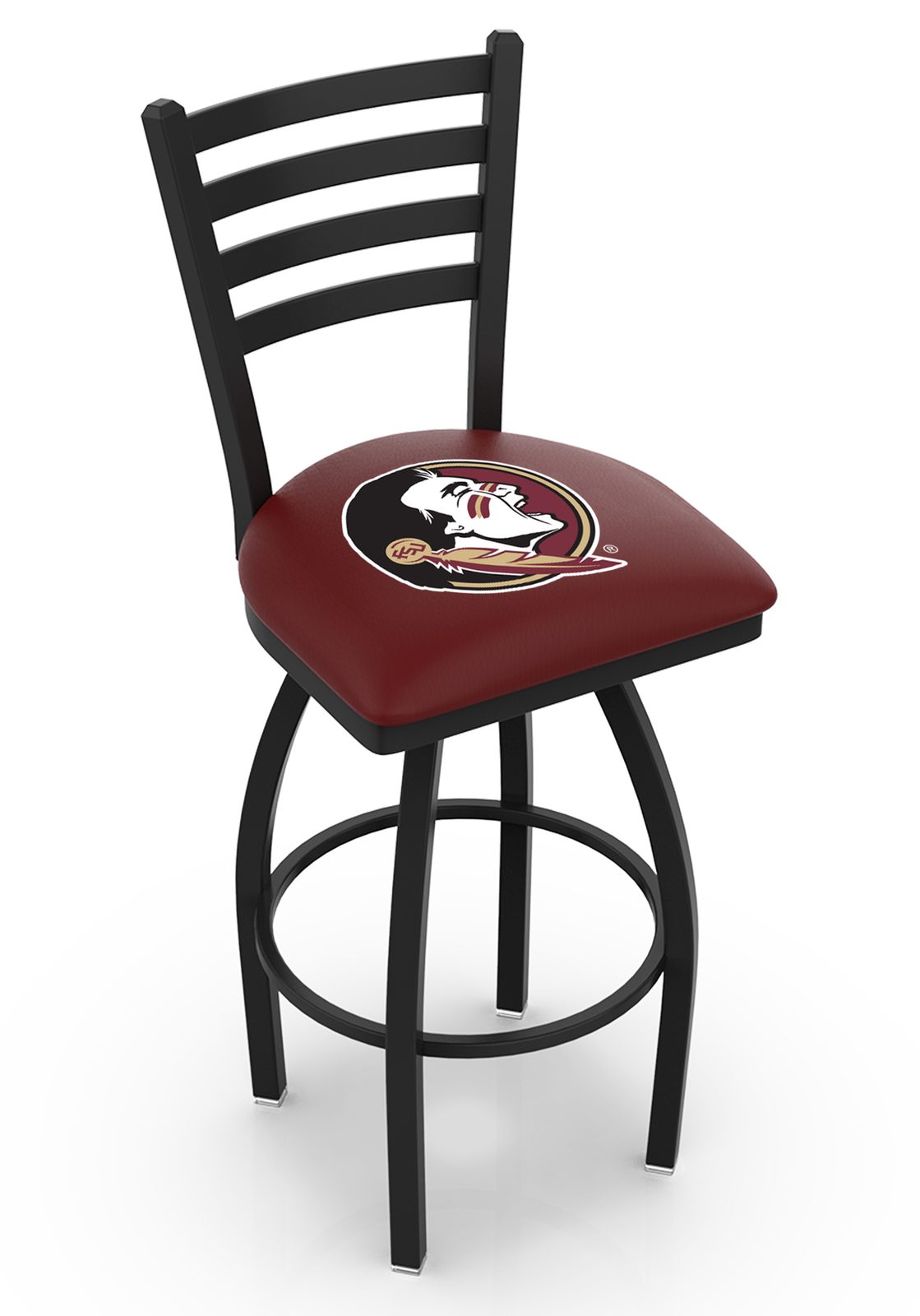 Florida State University 36-Inch Swivel Extra Tall Bar Stool w/ Black Wrinkle Finish, Ladder Back, 2.5-Inch Cushion Seat (Head Logo) 1 Florida State University 36-Inch Swivel Extra Tall Bar Stool w/ Black Wrinkle Finish, Ladder Back, 2.5-Inch Cushion Seat (Head Logo)