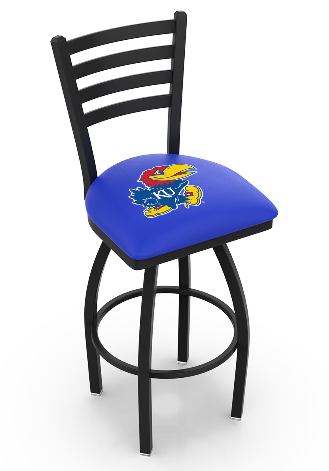 University of Kansas 36-Inch Swivel Extra Tall Bar Stool w/ Black Wrinkle Finish, Ladder Back, 2.5-Inch Cushion Seat 1 University of Kansas 36-Inch Swivel Extra Tall Bar Stool w/ Black Wrinkle Finish, Ladder Back, 2.5-Inch Cushion Seat