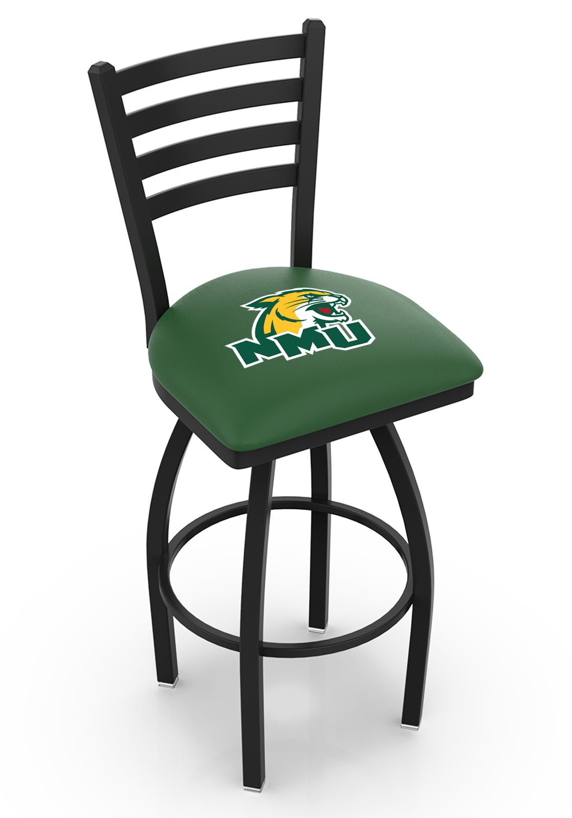 Northern Michigan University 36-Inch Swivel Extra Tall Bar Stool w/ Black Wrinkle Finish, Ladder Back, 2.5-Inch Cushion Seat 1 Northern Michigan University 36-Inch Swivel Extra Tall Bar Stool w/ Black Wrinkle Finish, Ladder Back, 2.5-Inch Cushion Seat
