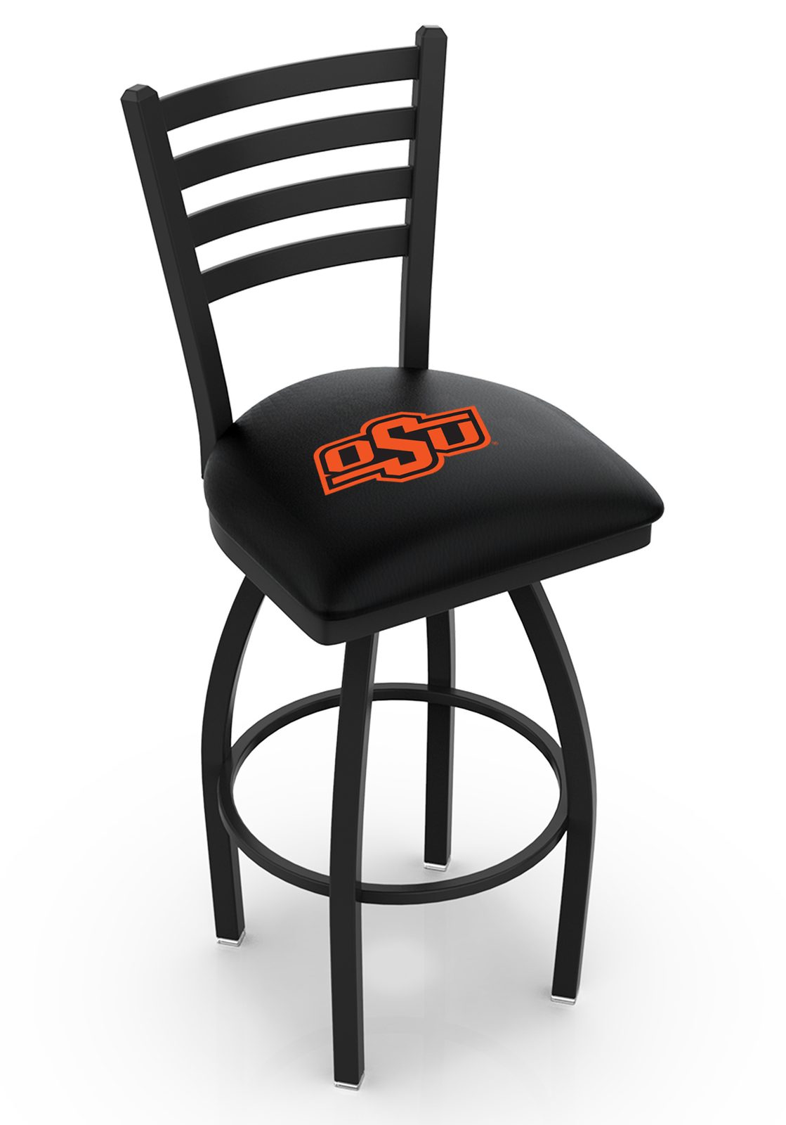 Oklahoma State University 36-Inch Swivel Extra Tall Bar Stool w/ Black Wrinkle Finish, Ladder Back, 2.5-Inch Cushion Seat 1 Oklahoma State University 36-Inch Swivel Extra Tall Bar Stool w/ Black Wrinkle Finish, Ladder Back, 2.5-Inch Cushion Seat