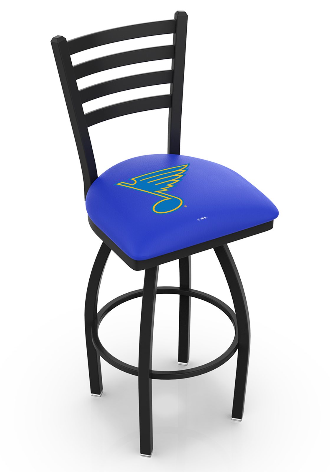 St Louis Blues 36-Inch Swivel Extra Tall Bar Stool w/ Black Wrinkle Finish, Ladder Back, 2.5-Inch Cushion Seat 1 St Louis Blues 36-Inch Swivel Extra Tall Bar Stool w/ Black Wrinkle Finish, Ladder Back, 2.5-Inch Cushion Seat