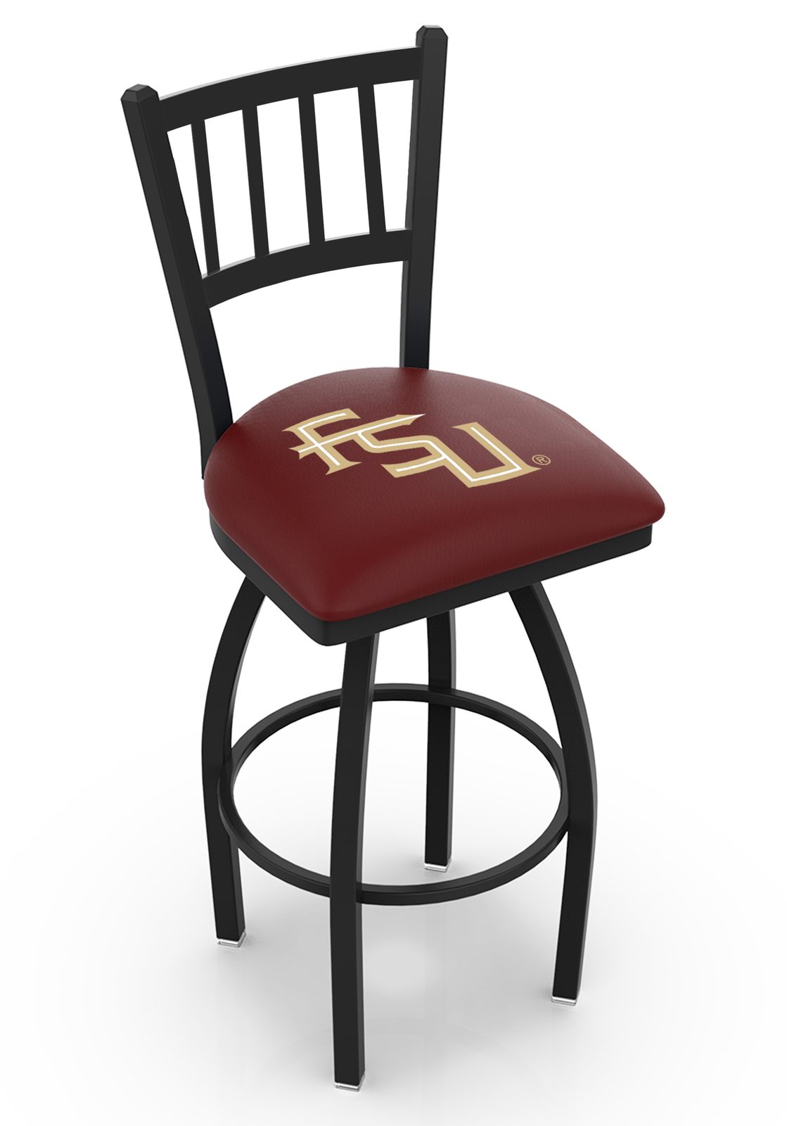Florida State University 25-Inch Swivel Counter Stool w/ Black Wrinkle Finish, Jailhouse Back, 2.5-Inch Cushion Seat (Script Logo) 1 Florida State University 25-Inch Swivel Counter Stool w/ Black Wrinkle Finish, Jailhouse Back, 2.5-Inch Cushion Seat (Script Logo)