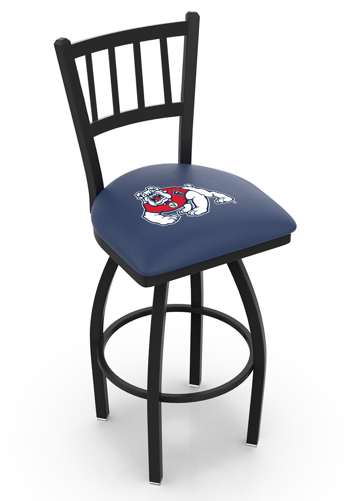 Fresno State University 36-Inch Swivel Extra Tall Bar Stool w/ Black Wrinkle Finish, Jailhouse Back, 2.5-Inch Cushion Seat 1 Fresno State University 36-Inch Swivel Extra Tall Bar Stool w/ Black Wrinkle Finish, Jailhouse Back, 2.5-Inch Cushion Seat