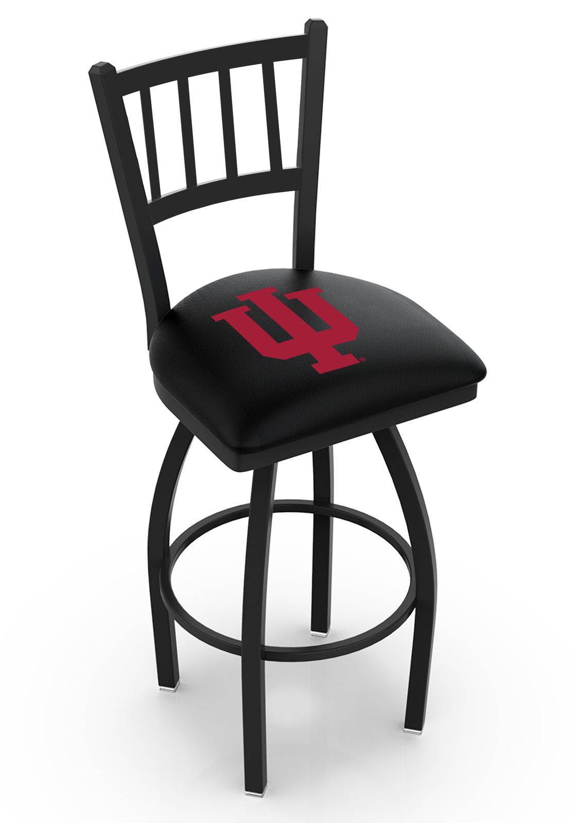Indiana University 36-Inch Swivel Extra Tall Bar Stool w/ Black Wrinkle Finish, Jailhouse Back, 2.5-Inch Cushion Seat 1 Indiana University 36-Inch Swivel Extra Tall Bar Stool w/ Black Wrinkle Finish, Jailhouse Back, 2.5-Inch Cushion Seat