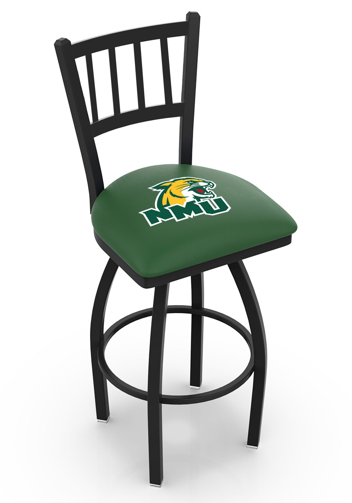 Northern Michigan University 36-Inch Swivel Extra Tall Bar Stool w/ Black Wrinkle Finish, Jailhouse Back, 2.5-Inch Cushion Seat 1 Northern Michigan University 36-Inch Swivel Extra Tall Bar Stool w/ Black Wrinkle Finish, Jailhouse Back, 2.5-Inch Cushion Seat