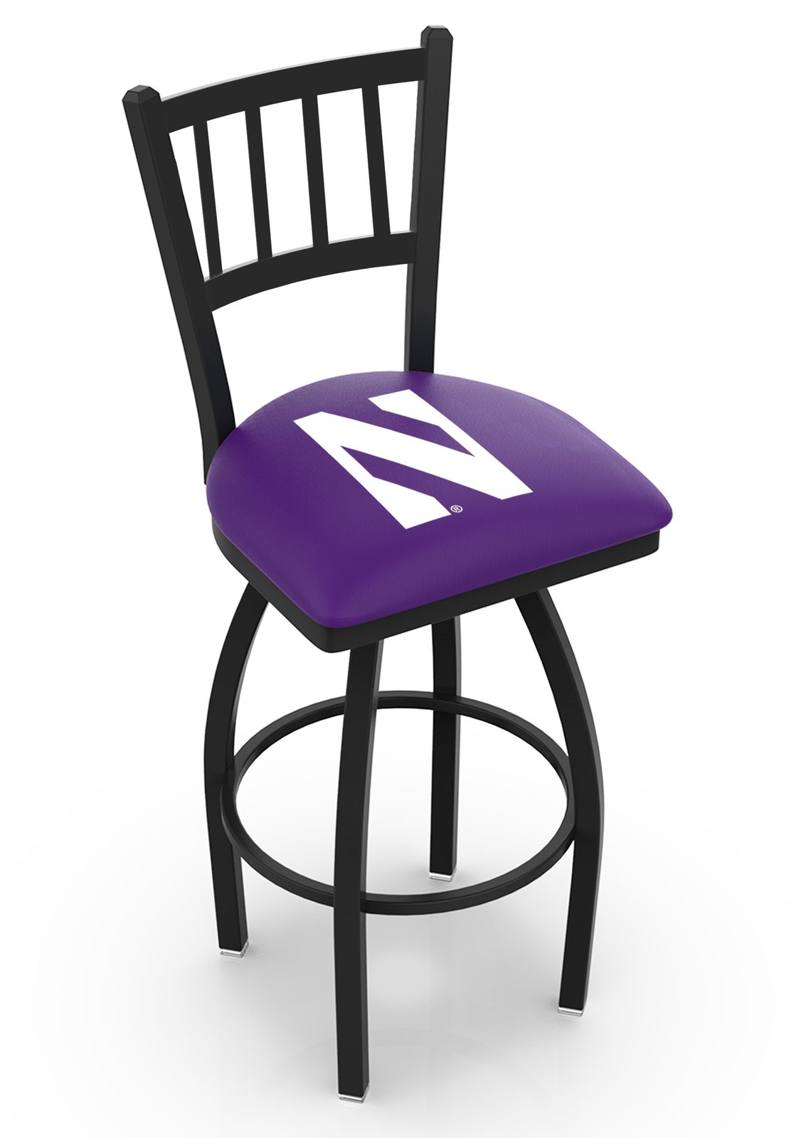 Northwestern University 36-Inch Swivel Extra Tall Bar Stool w/ Black Wrinkle Finish, Jailhouse Back, 2.5-Inch Cushion Seat 1 Northwestern University 36-Inch Swivel Extra Tall Bar Stool w/ Black Wrinkle Finish, Jailhouse Back, 2.5-Inch Cushion Seat