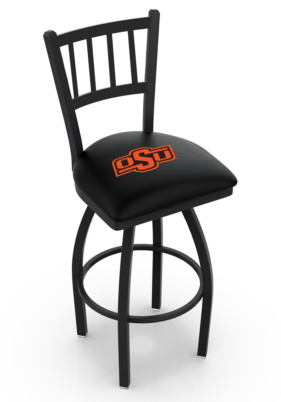Oklahoma State University 36-Inch Swivel Extra Tall Bar Stool w/ Black Wrinkle Finish, Jailhouse Back, 2.5-Inch Cushion Seat 1 Oklahoma State University 36-Inch Swivel Extra Tall Bar Stool w/ Black Wrinkle Finish, Jailhouse Back, 2.5-Inch Cushion Seat