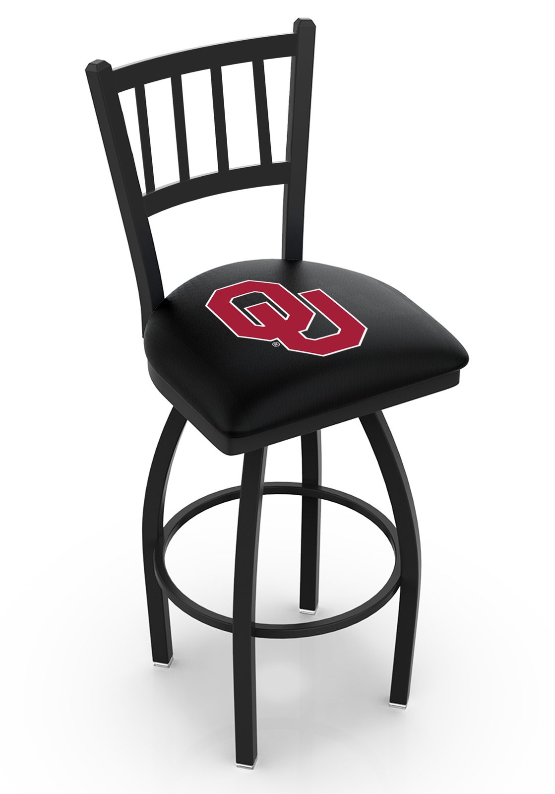 Oklahoma University 36-Inch Swivel Extra Tall Bar Stool w/ Black Wrinkle Finish, Jailhouse Back, 2.5-Inch Cushion Seat 1 Oklahoma University 36-Inch Swivel Extra Tall Bar Stool w/ Black Wrinkle Finish, Jailhouse Back, 2.5-Inch Cushion Seat
