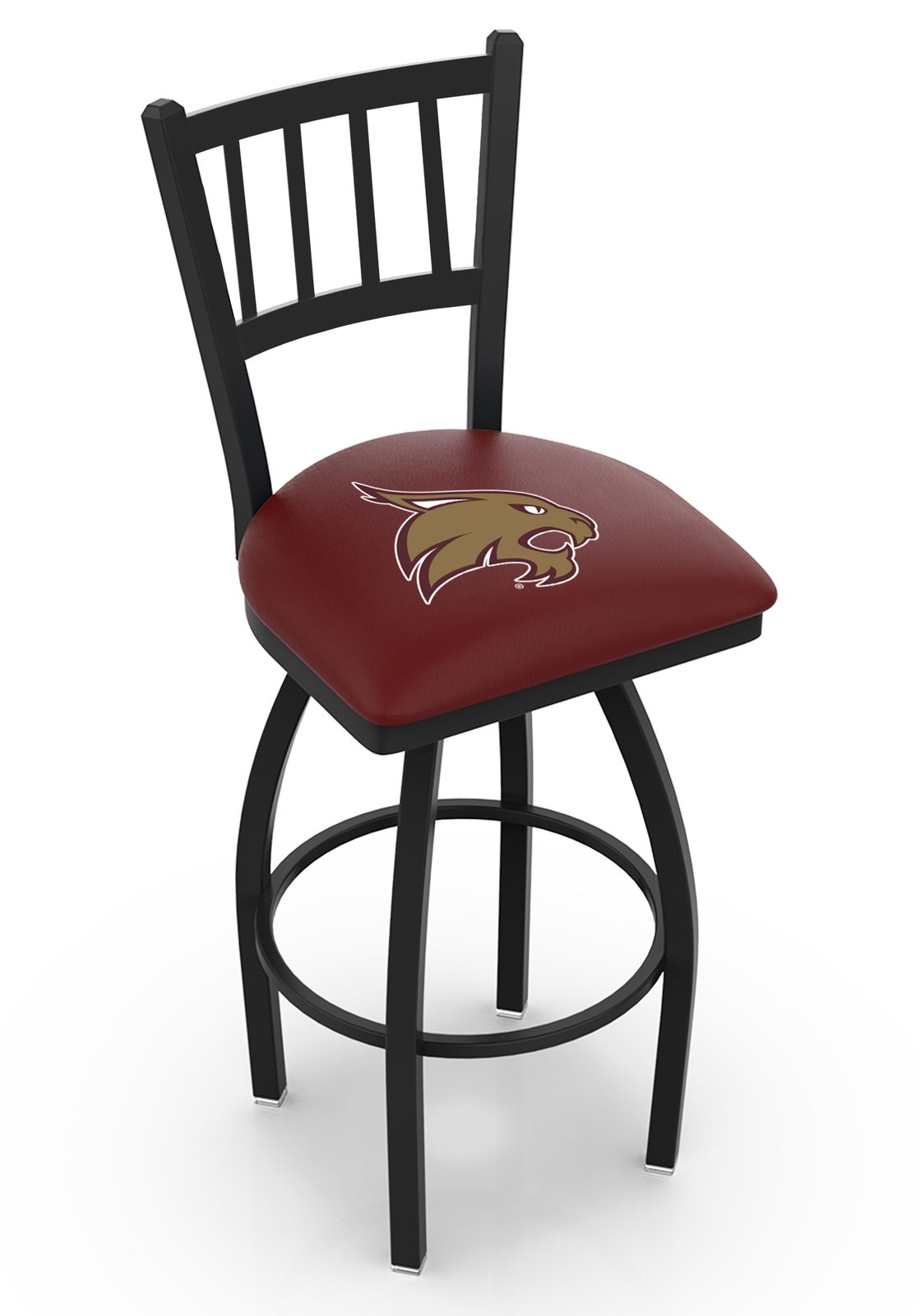 Texas State University 36-Inch Swivel Extra Tall Bar Stool w/ Black Wrinkle Finish, Jailhouse Back, 2.5-Inch Cushion Seat 1 Texas State University 36-Inch Swivel Extra Tall Bar Stool w/ Black Wrinkle Finish, Jailhouse Back, 2.5-Inch Cushion Seat