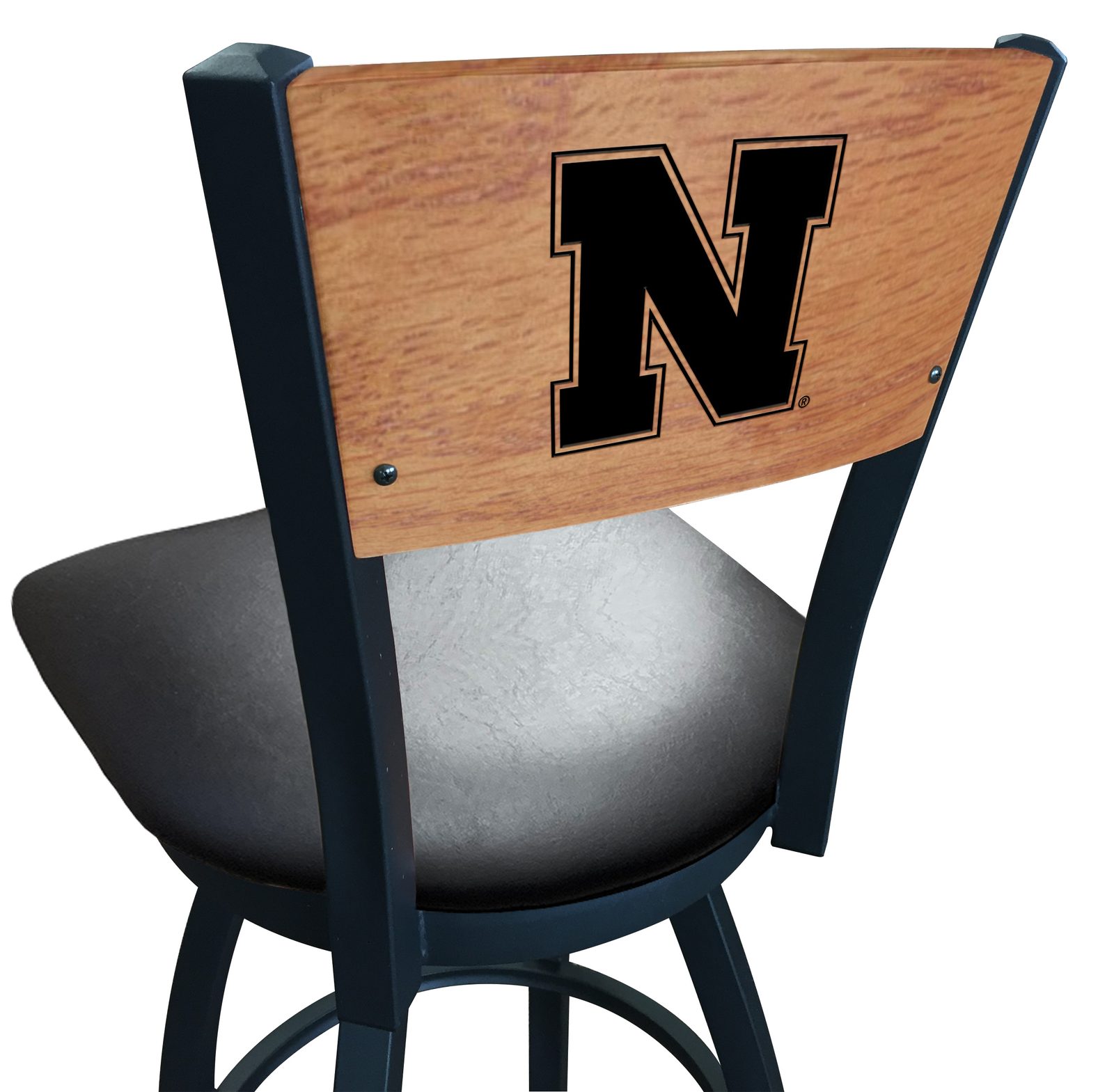 University of Nebraska 36-Inch Swivel Extra Tall Bar Stool w/ Black Wrinkle Finish, Solid Wood Back, 2.5-Inch Cushion Seat 1 University of Nebraska 36-Inch Swivel Extra Tall Bar Stool w/ Black Wrinkle Finish, Solid Wood Back, 2.5-Inch Cushion Seat