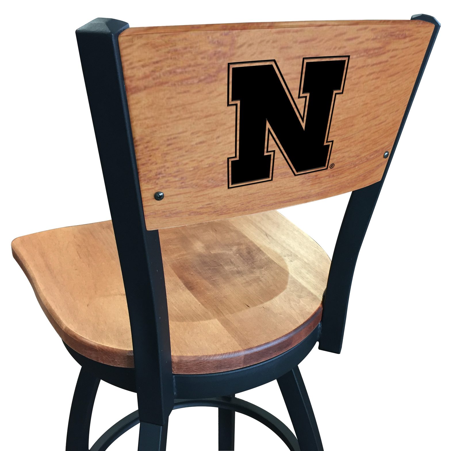 University of Nebraska 36-Inch Swivel Extra Tall Bar Stool w/ Black Wrinkle Finish, Solid Wood Back, Solid Maple Wood Seat 1 University of Nebraska 36-Inch Swivel Extra Tall Bar Stool w/ Black Wrinkle Finish, Solid Wood Back, Solid Maple Wood Seat