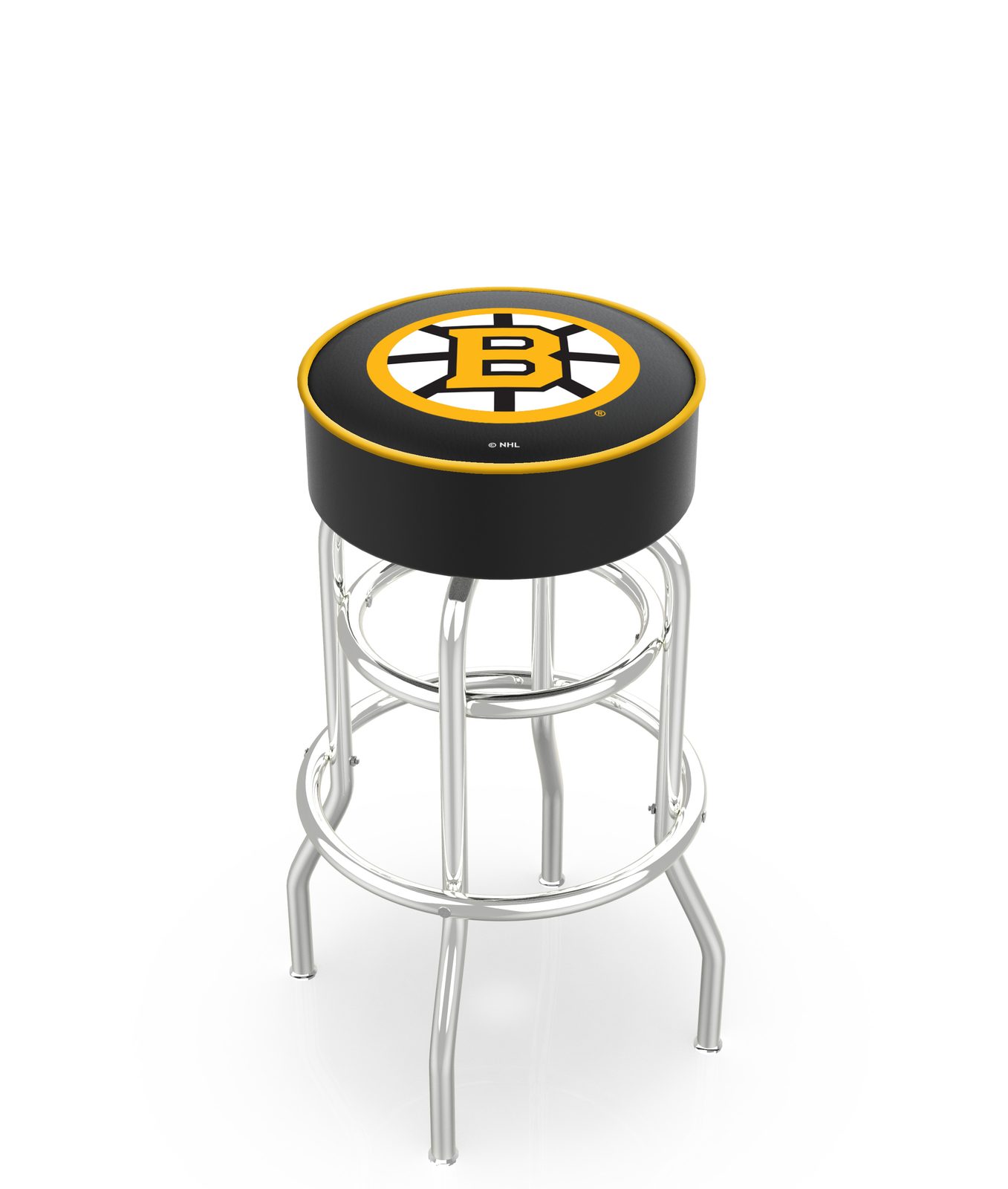 Boston Bruins 30-Inch Swivel Backless Bar Stool w/ Chrome Finish, Double-Ring Base, Cushion Seat 1 Boston Bruins 30-Inch Swivel Backless Bar Stool w/ Chrome Finish, Double-Ring Base, Cushion Seat