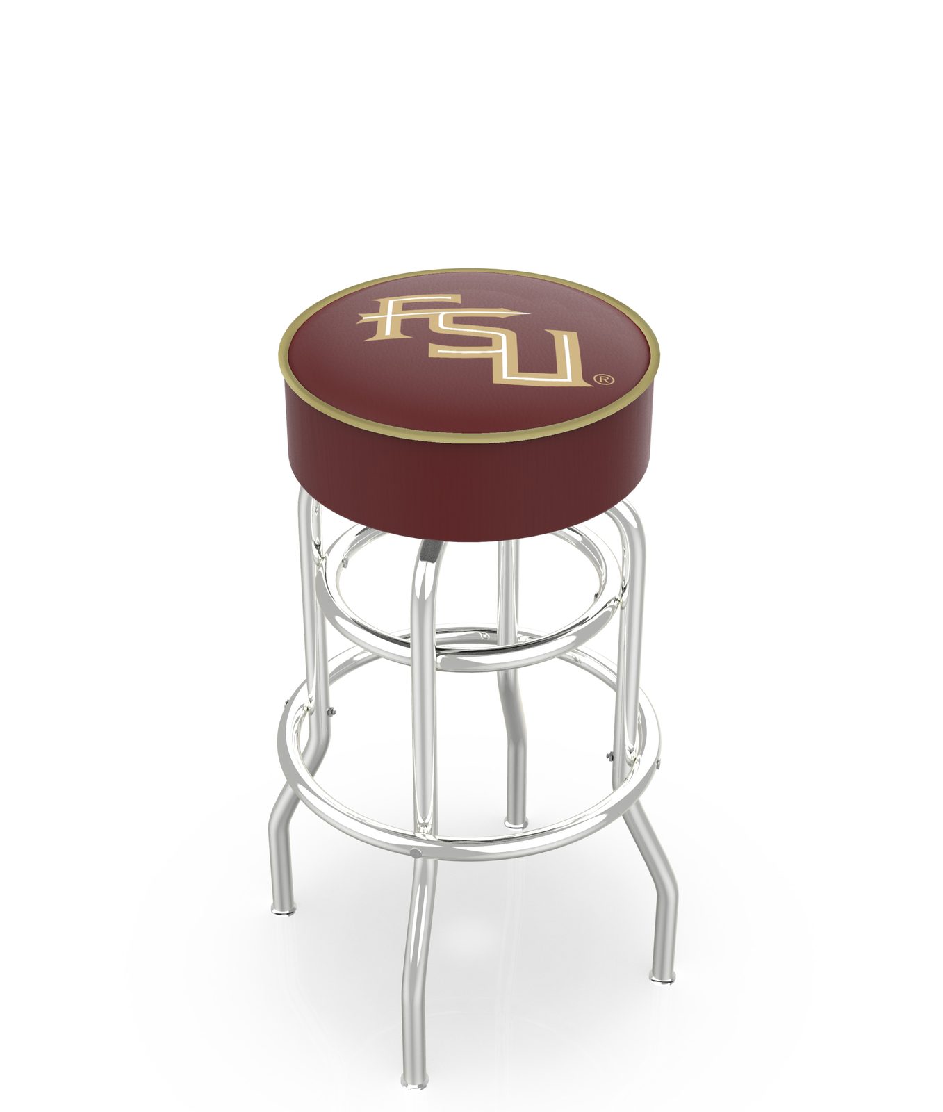 Florida State University 25-Inch Swivel Backless Counter Stool w/ Chrome Finish, Double-Ring Base, Cushion Seat (Script Logo) 1 Florida State University 25-Inch Swivel Backless Counter Stool w/ Chrome Finish, Double-Ring Base, Cushion Seat (Script Logo)