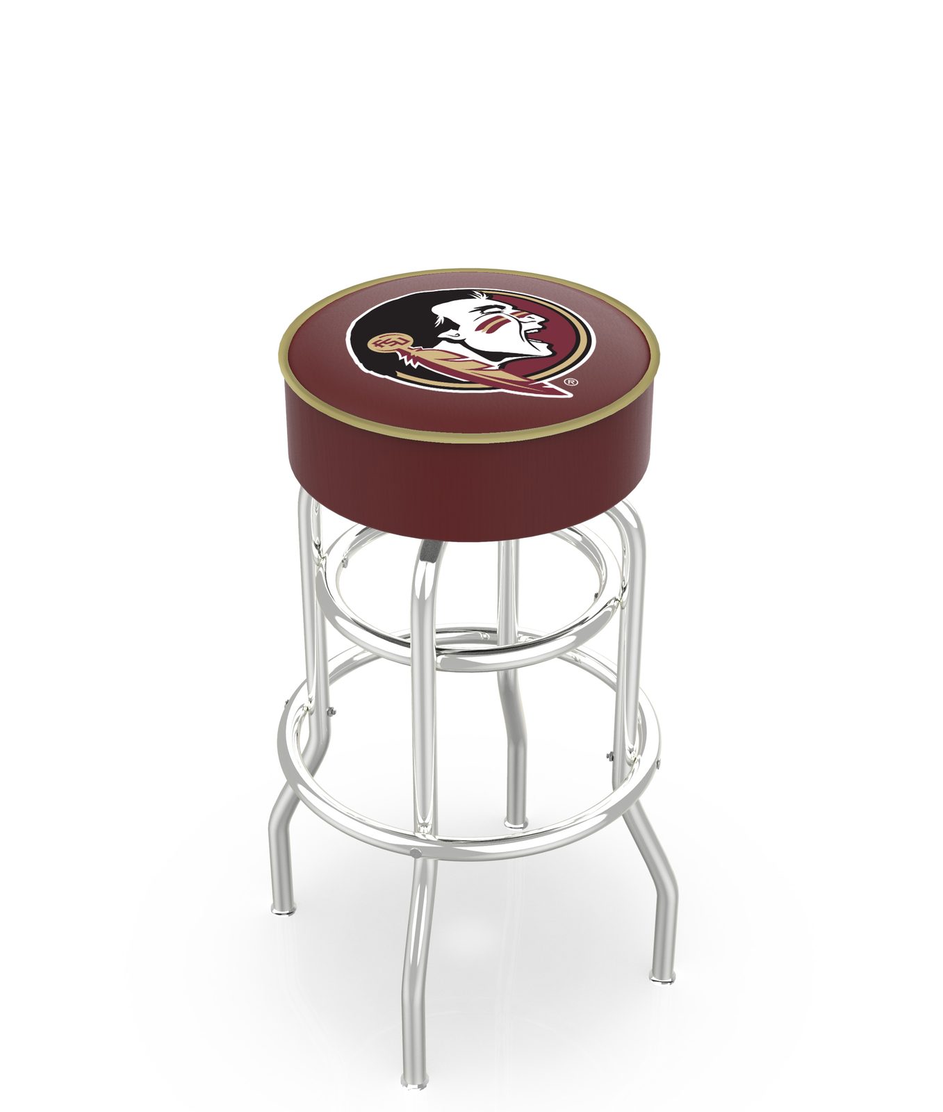 Florida State University 25-Inch Swivel Backless Counter Stool w/ Chrome Finish, Double-Ring Base, Cushion Seat (Head Logo) 1 Florida State University 25-Inch Swivel Backless Counter Stool w/ Chrome Finish, Double-Ring Base, Cushion Seat (Head Logo)
