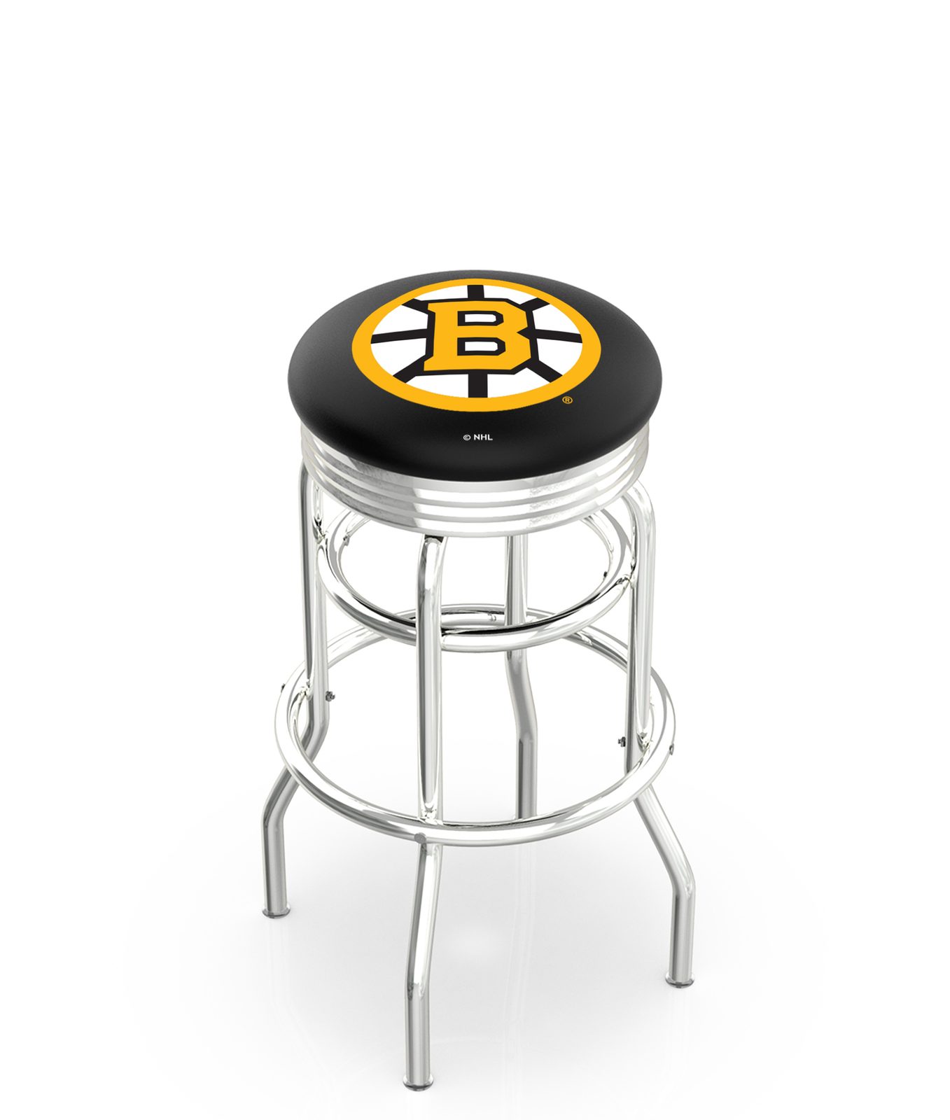 Boston Bruins 30-Inch Swivel Backless Bar Stool w/ Chrome Finish, Double-Ring Base, 2.75-Inch Chrome Ribbed Ring, 2.5-Inch Cushion Seat 1 Boston Bruins 30-Inch Swivel Backless Bar Stool w/ Chrome Finish, Double-Ring Base, 2.75-Inch Chrome Ribbed Ring, 2.5-Inch Cushion Seat