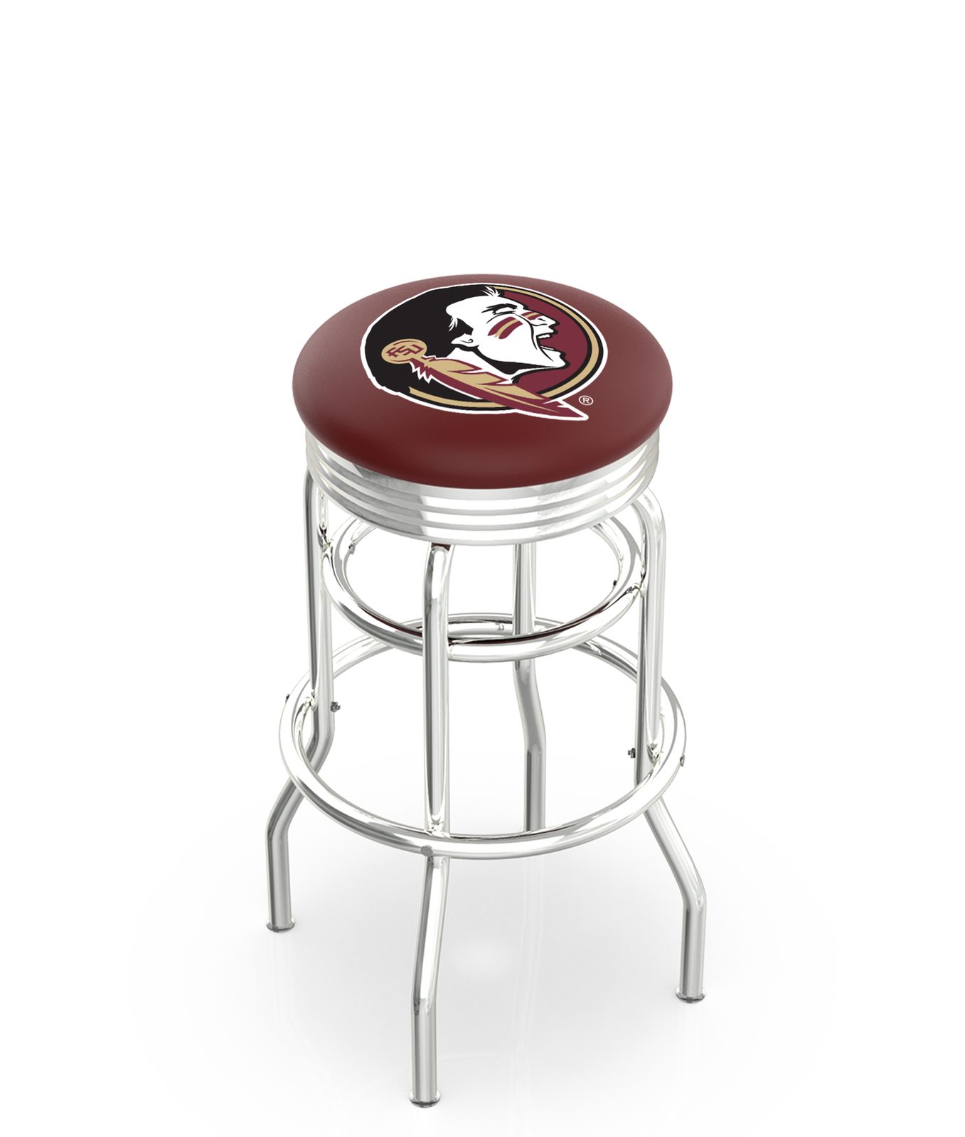 Florida State University 25-Inch Swivel Backless Counter Stool w/ Chrome Finish, Double-Ring Base, 2.75-Inch Chrome Ribbed Ring, 2.5-Inch Cushion Seat (Head Logo) 1 Florida State University 25-Inch Swivel Backless Counter Stool w/ Chrome Finish, Double-Ring Base, 2.75-Inch Chrome Ribbed Ring, 2.5-Inch Cushion Seat (Head Logo)