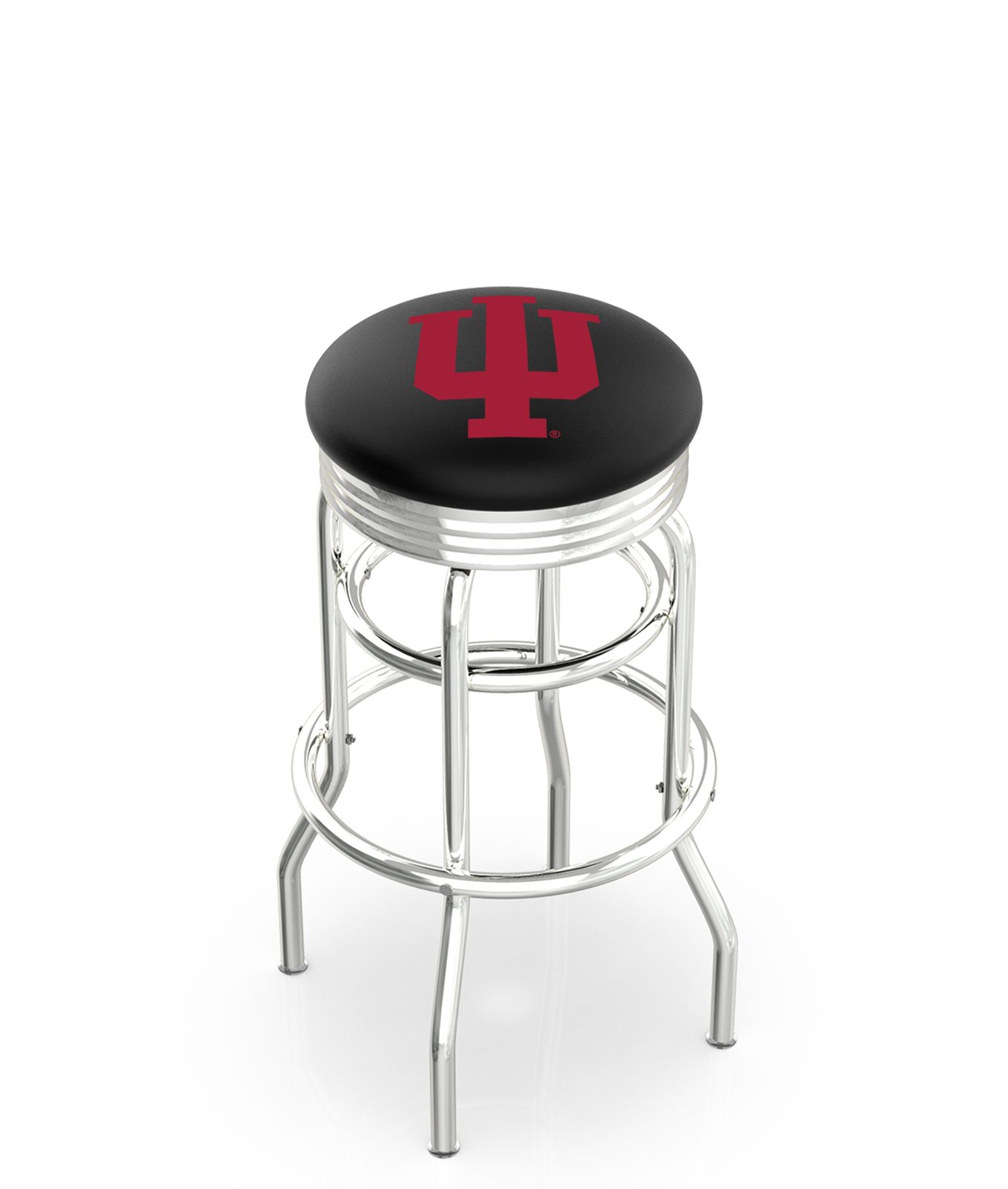 Indiana University 25-Inch Swivel Backless Counter Stool w/ Chrome Finish, Double-Ring Base, 2.75-Inch Chrome Ribbed Ring, 2.5-Inch Cushion Seat 1 Indiana University 25-Inch Swivel Backless Counter Stool w/ Chrome Finish, Double-Ring Base, 2.75-Inch Chrome Ribbed Ring, 2.5-Inch Cushion Seat