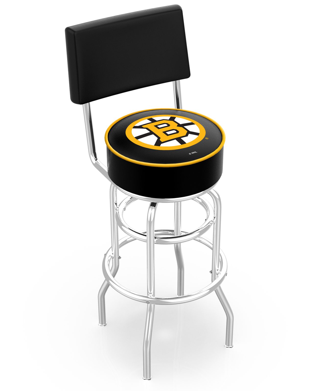 Boston Bruins 30-Inch Swivel Bar Stool w/ Chrome Finish, Double-Ring Base, Cushioned Back, 5-Inch Cushion Seat 1 Boston Bruins 30-Inch Swivel Bar Stool w/ Chrome Finish, Double-Ring Base, Cushioned Back, 5-Inch Cushion Seat