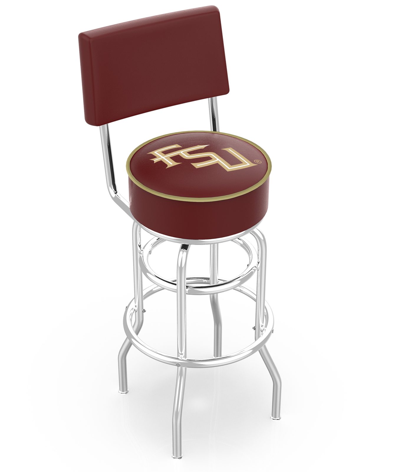 Florida State University 25-Inch Swivel Counter Stool w/ Chrome Finish, Double-Ring Base, Cushioned Back, 5-Inch Cushion Seat (Script Logo) 1 Florida State University 25-Inch Swivel Counter Stool w/ Chrome Finish, Double-Ring Base, Cushioned Back, 5-Inch Cushion Seat (Script Logo)