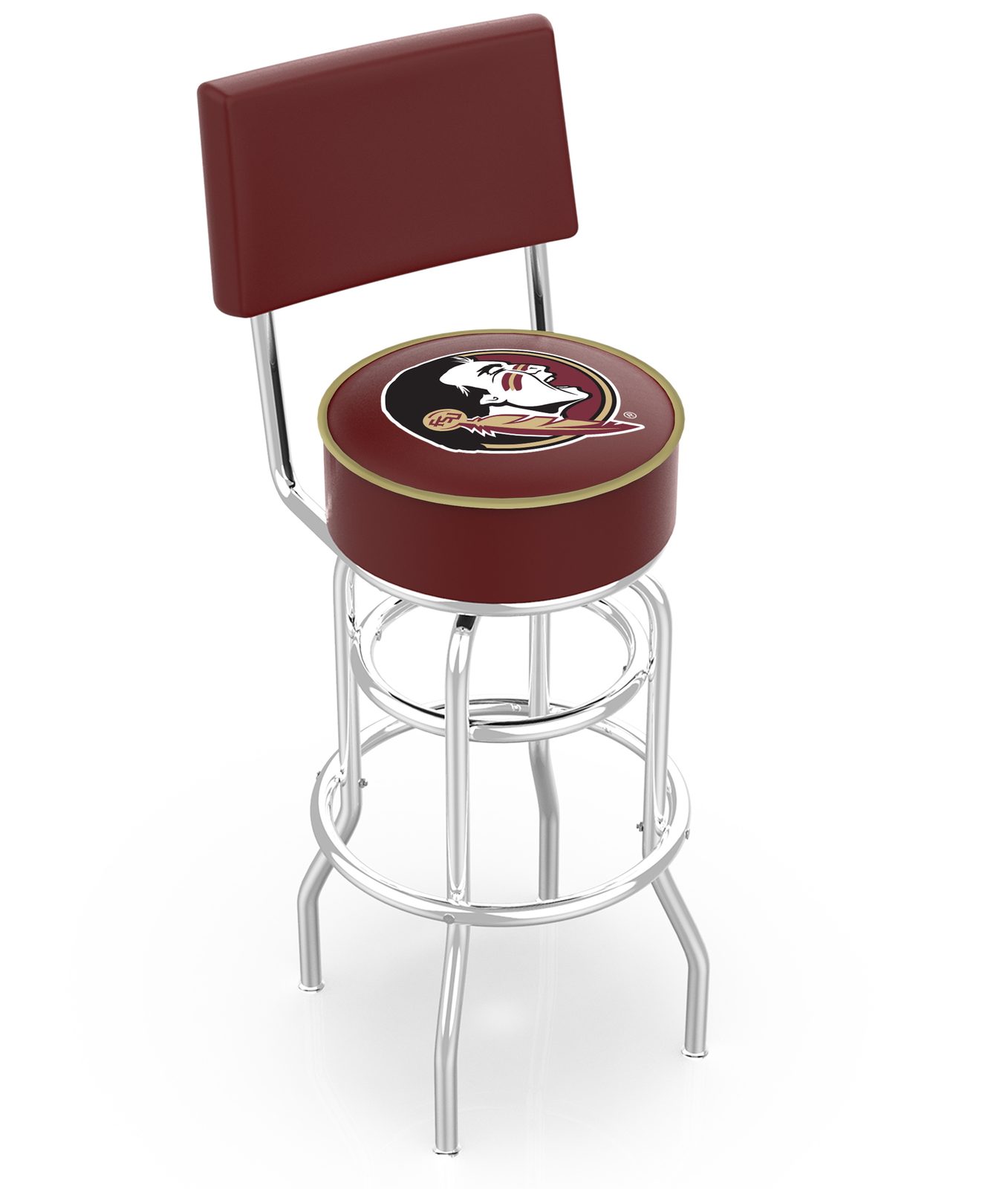Florida State University 25-Inch Swivel Counter Stool w/ Chrome Finish, Double-Ring Base, Cushioned Back, 5-Inch Cushion Seat (Head Logo) 1 Florida State University 25-Inch Swivel Counter Stool w/ Chrome Finish, Double-Ring Base, Cushioned Back, 5-Inch Cushion Seat (Head Logo)
