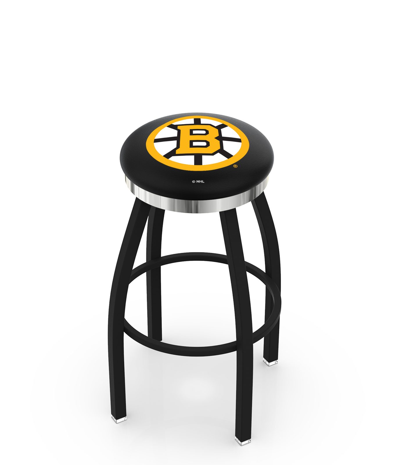 Boston Bruins 36-Inch Swivel Backless Extra Tall Bar Stool w/ Black Wrinkle Finish, Single-Ring Base, 2-Inch Chrome Ring, 2.5-Inch Cushion Seat 1 Boston Bruins 36-Inch Swivel Backless Extra Tall Bar Stool w/ Black Wrinkle Finish, Single-Ring Base, 2-Inch Chrome Ring, 2.5-Inch Cushion Seat