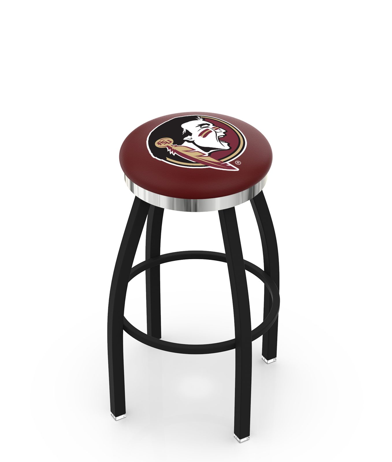 Florida State University 36-Inch Swivel Backless Extra Tall Bar Stool w/ Black Wrinkle Finish, Single-Ring Base, 2-Inch Chrome Ring, 2.5-Inch Cushion Seat (Head Logo) 1 Florida State University 36-Inch Swivel Backless Extra Tall Bar Stool w/ Black Wrinkle Finish, Single-Ring Base, 2-Inch Chrome Ring, 2.5-Inch Cushion Seat (Head Logo)