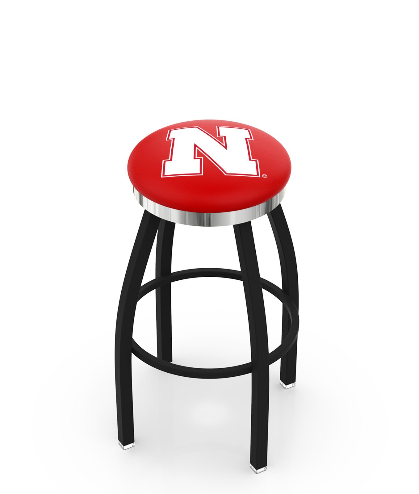 University of Nebraska 36-Inch Swivel Backless Extra Tall Bar Stool w/ Black Wrinkle Finish, Single-Ring Base, 2-Inch Chrome Ring, 2.5-Inch Cushion Seat 1 University of Nebraska 36-Inch Swivel Backless Extra Tall Bar Stool w/ Black Wrinkle Finish, Single-Ring Base, 2-Inch Chrome Ring, 2.5-Inch Cushion Seat