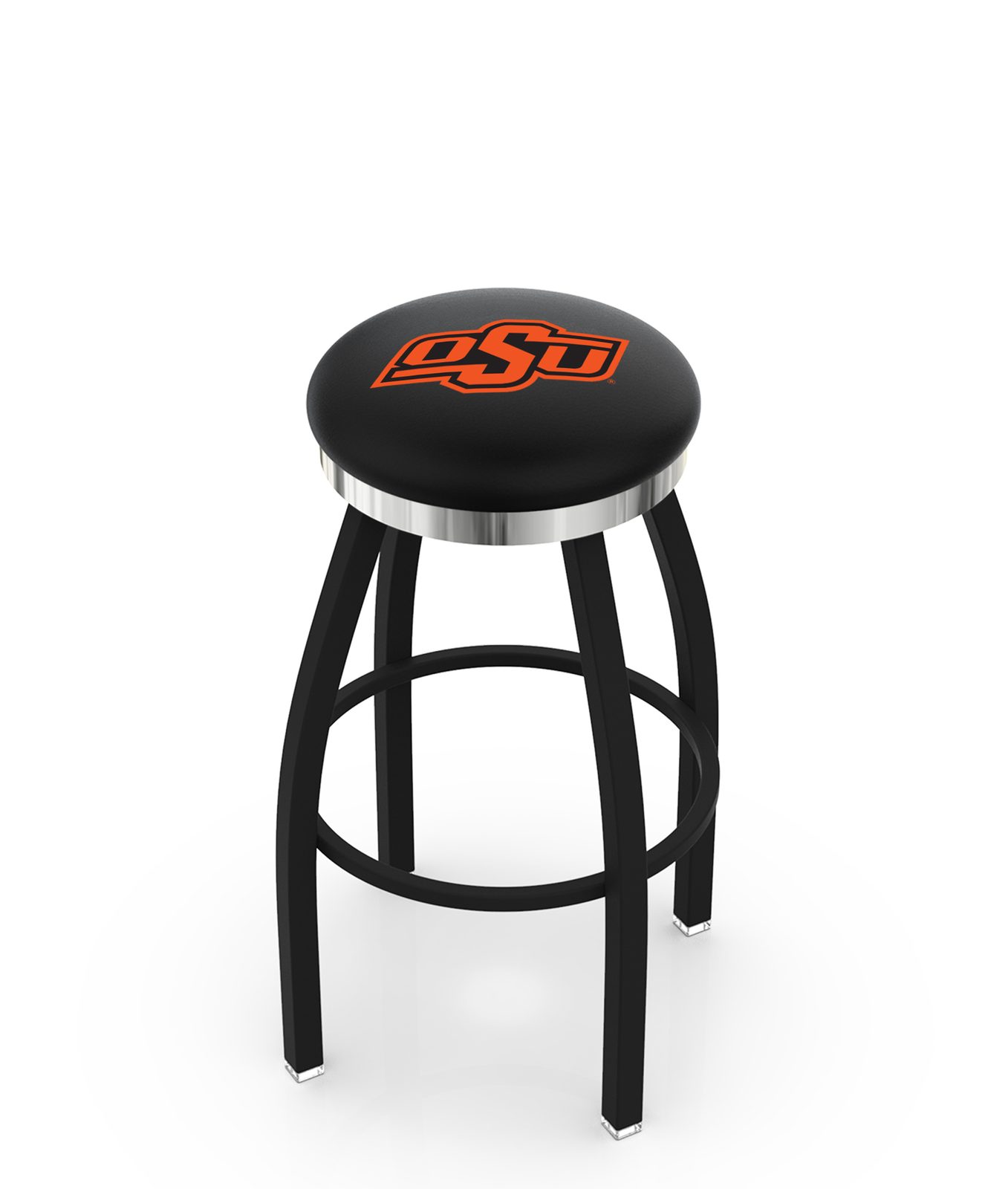 Oklahoma State University 36-Inch Swivel Backless Extra Tall Bar Stool w/ Black Wrinkle Finish, Single-Ring Base, 2-Inch Chrome Ring, 2.5-Inch Cushion Seat 1 Oklahoma State University 36-Inch Swivel Backless Extra Tall Bar Stool w/ Black Wrinkle Finish, Single-Ring Base, 2-Inch Chrome Ring, 2.5-Inch Cushion Seat