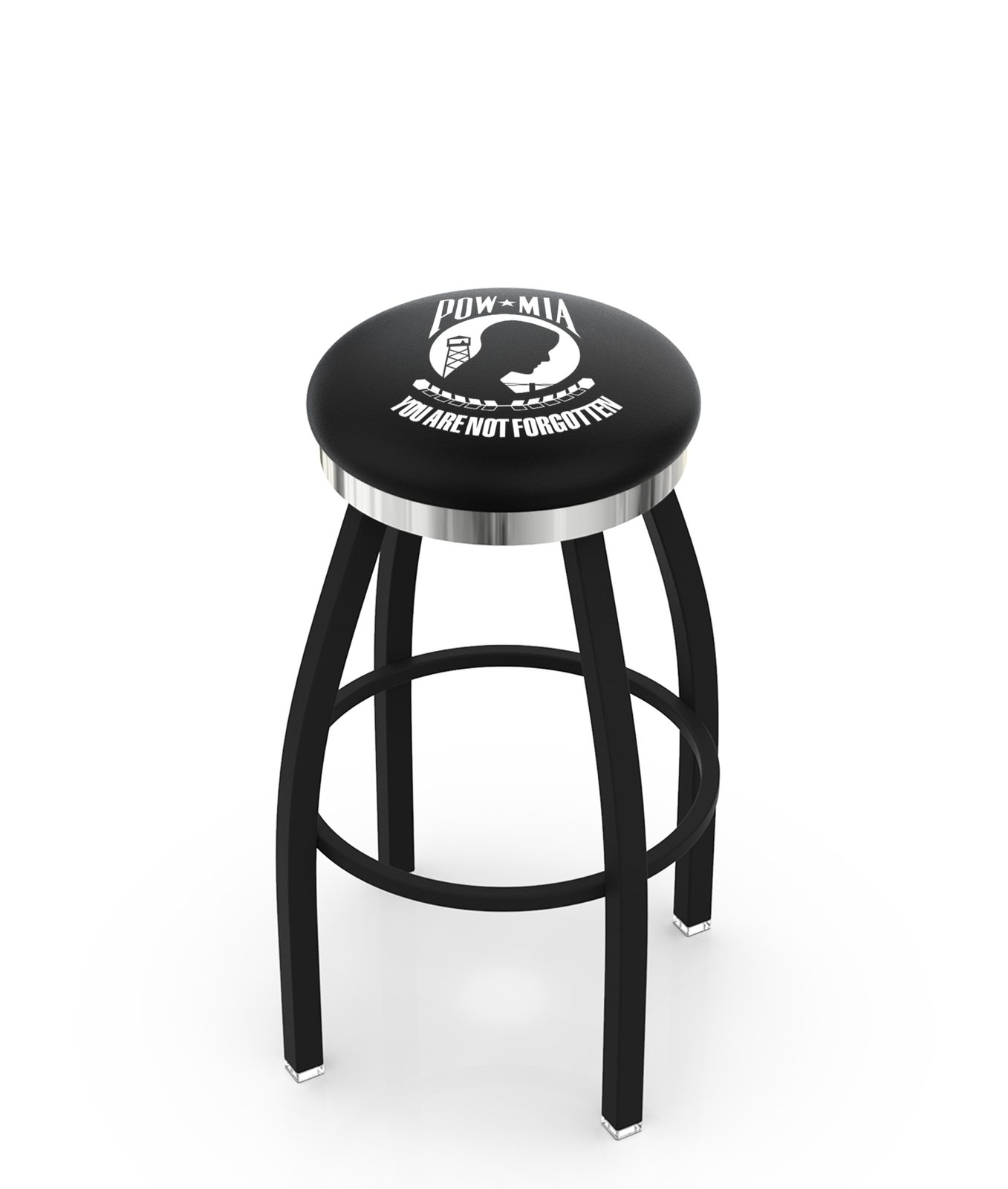 POW/MIA 36-Inch Swivel Backless Extra Tall Bar Stool w/ Black Wrinkle Finish, Single-Ring Base, 2-Inch Chrome Ring, 2.5-Inch Cushion Seat 1 POW/MIA 36-Inch Swivel Backless Extra Tall Bar Stool w/ Black Wrinkle Finish, Single-Ring Base, 2-Inch Chrome Ring, 2.5-Inch Cushion Seat