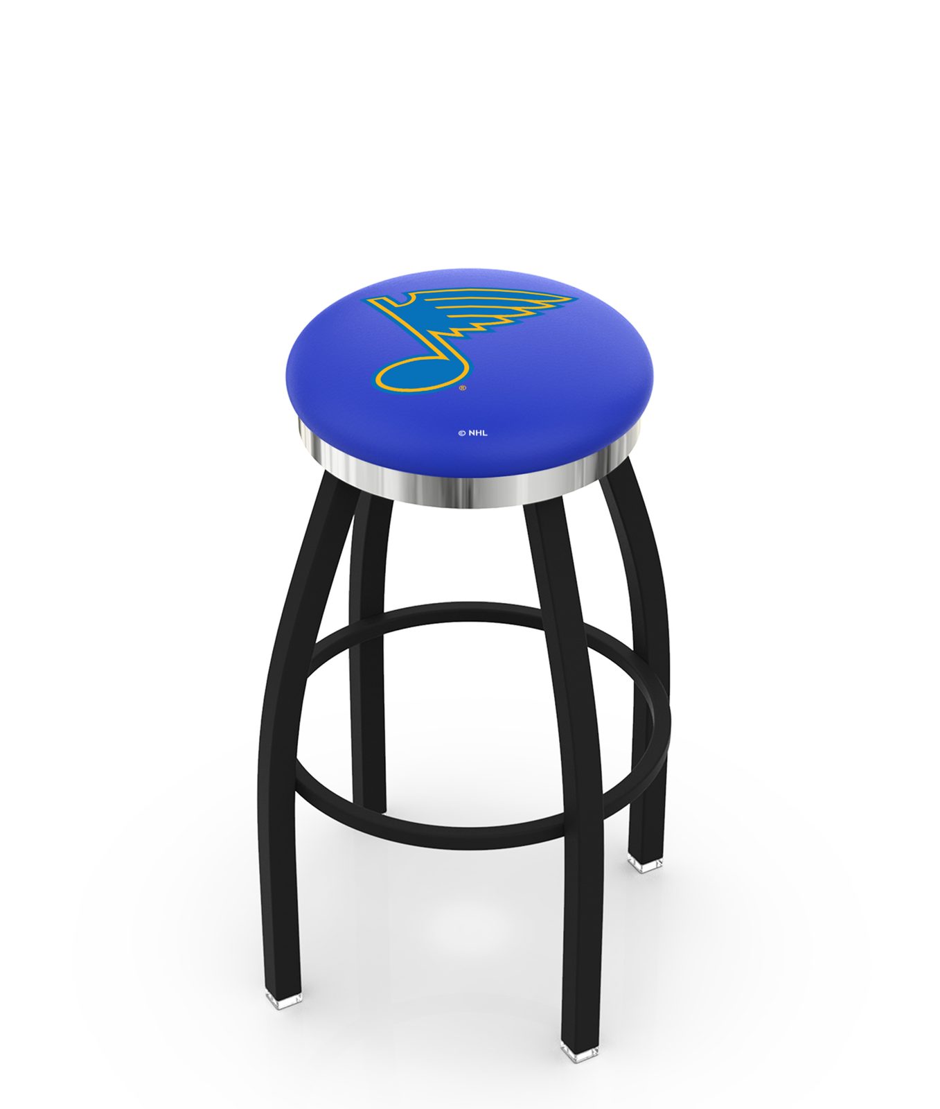 St Louis Blues 36-Inch Swivel Backless Extra Tall Bar Stool w/ Black Wrinkle Finish, Single-Ring Base, 2-Inch Chrome Ring, 2.5-Inch Cushion Seat 1 St Louis Blues 36-Inch Swivel Backless Extra Tall Bar Stool w/ Black Wrinkle Finish, Single-Ring Base, 2-Inch Chrome Ring, 2.5-Inch Cushion Seat