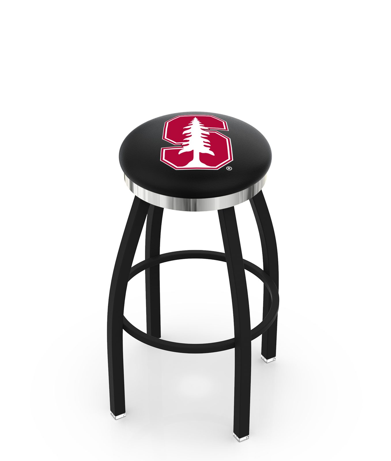 Stanford University 36-Inch Swivel Backless Extra Tall Bar Stool w/ Black Wrinkle Finish, Single-Ring Base, 2-Inch Chrome Ring, 2.5-Inch Cushion Seat 1 Stanford University 36-Inch Swivel Backless Extra Tall Bar Stool w/ Black Wrinkle Finish, Single-Ring Base, 2-Inch Chrome Ring, 2.5-Inch Cushion Seat