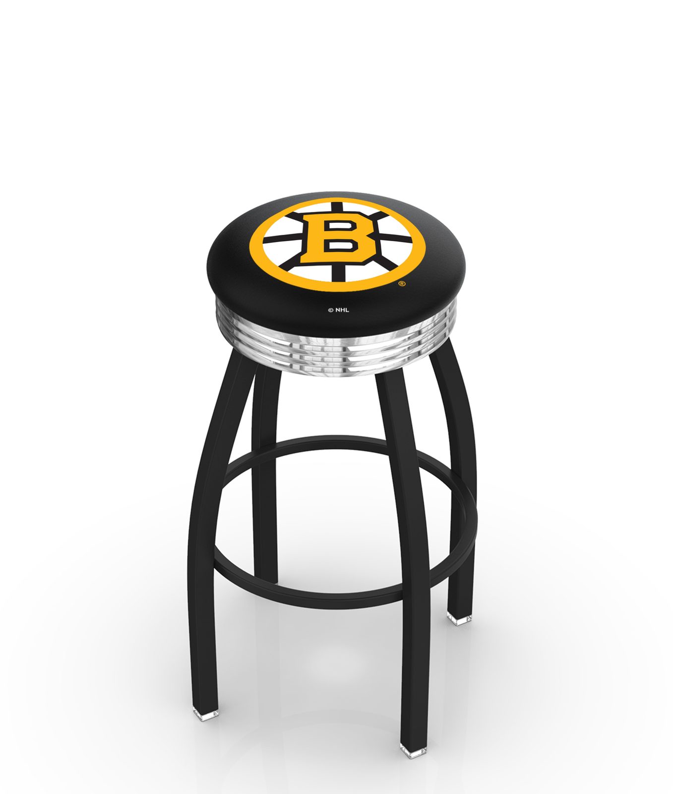 Boston Bruins 30-Inch Swivel Backless Bar Stool w/ Black Wrinkle Finish, Single-Ring Base, 2.75-Inch Chrome Ribbed Ring, 2.5-Inch Cushion Seat 1 Boston Bruins 30-Inch Swivel Backless Bar Stool w/ Black Wrinkle Finish, Single-Ring Base, 2.75-Inch Chrome Ribbed Ring, 2.5-Inch Cushion Seat