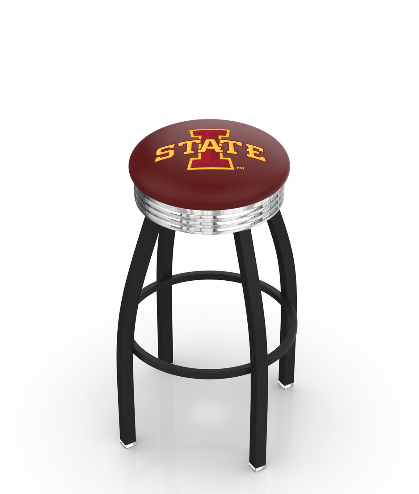 Iowa State University 25-Inch Swivel Backless Counter Stool w/ Black Wrinkle Finish, Single-Ring Base, 2.75-Inch Chrome Ribbed Ring, 2.5-Inch Cushion Seat 1 Iowa State University 25-Inch Swivel Backless Counter Stool w/ Black Wrinkle Finish, Single-Ring Base, 2.75-Inch Chrome Ribbed Ring, 2.5-Inch Cushion Seat