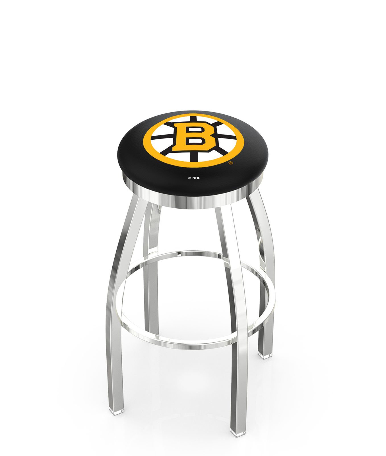 Boston Bruins 36-Inch Swivel Backless Extra Tall Bar Stool w/ Chrome Finish, Single-Ring Base, 2-Inch Chrome Ring, 2.5-Inch Cushion Seat 1 Boston Bruins 36-Inch Swivel Backless Extra Tall Bar Stool w/ Chrome Finish, Single-Ring Base, 2-Inch Chrome Ring, 2.5-Inch Cushion Seat