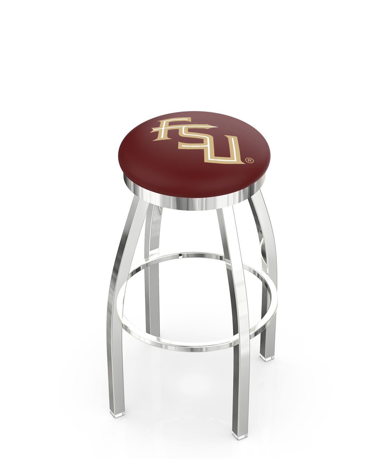 Florida State University 36-Inch Swivel Backless Extra Tall Bar Stool w/ Chrome Finish, Single-Ring Base, 2-Inch Chrome Ring, 2.5-Inch Cushion Seat (Script Logo) 1 Florida State University 36-Inch Swivel Backless Extra Tall Bar Stool w/ Chrome Finish, Single-Ring Base, 2-Inch Chrome Ring, 2.5-Inch Cushion Seat (Script Logo)