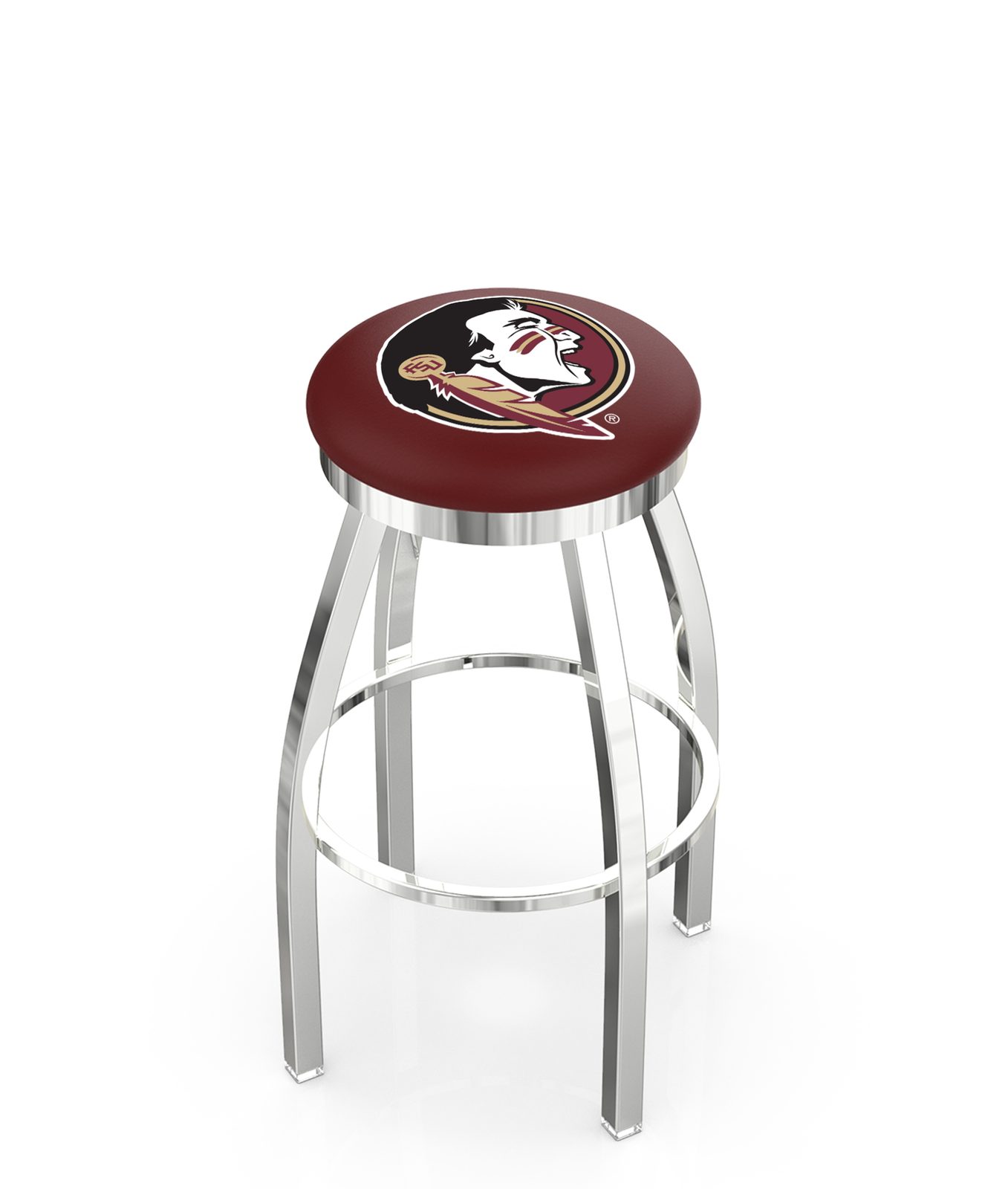 Florida State University 36-Inch Swivel Backless Extra Tall Bar Stool w/ Chrome Finish, Single-Ring Base, 2-Inch Chrome Ring, 2.5-Inch Cushion Seat (Head Logo) 1 Florida State University 36-Inch Swivel Backless Extra Tall Bar Stool w/ Chrome Finish, Single-Ring Base, 2-Inch Chrome Ring, 2.5-Inch Cushion Seat (Head Logo)