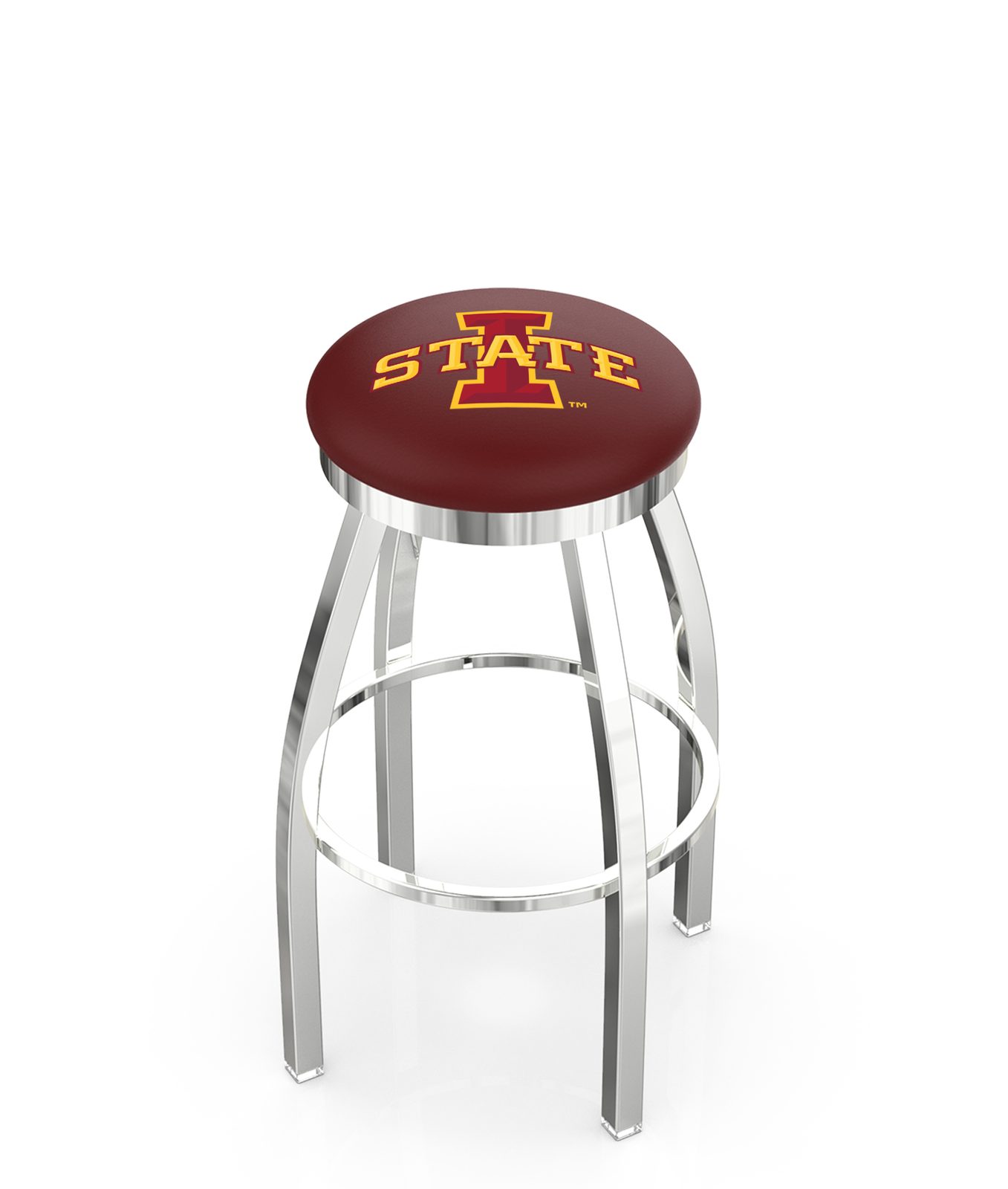 Iowa State University 36-Inch Swivel Backless Extra Tall Bar Stool w/ Chrome Finish, Single-Ring Base, 2-Inch Chrome Ring, 2.5-Inch Cushion Seat 1 Iowa State University 36-Inch Swivel Backless Extra Tall Bar Stool w/ Chrome Finish, Single-Ring Base, 2-Inch Chrome Ring, 2.5-Inch Cushion Seat