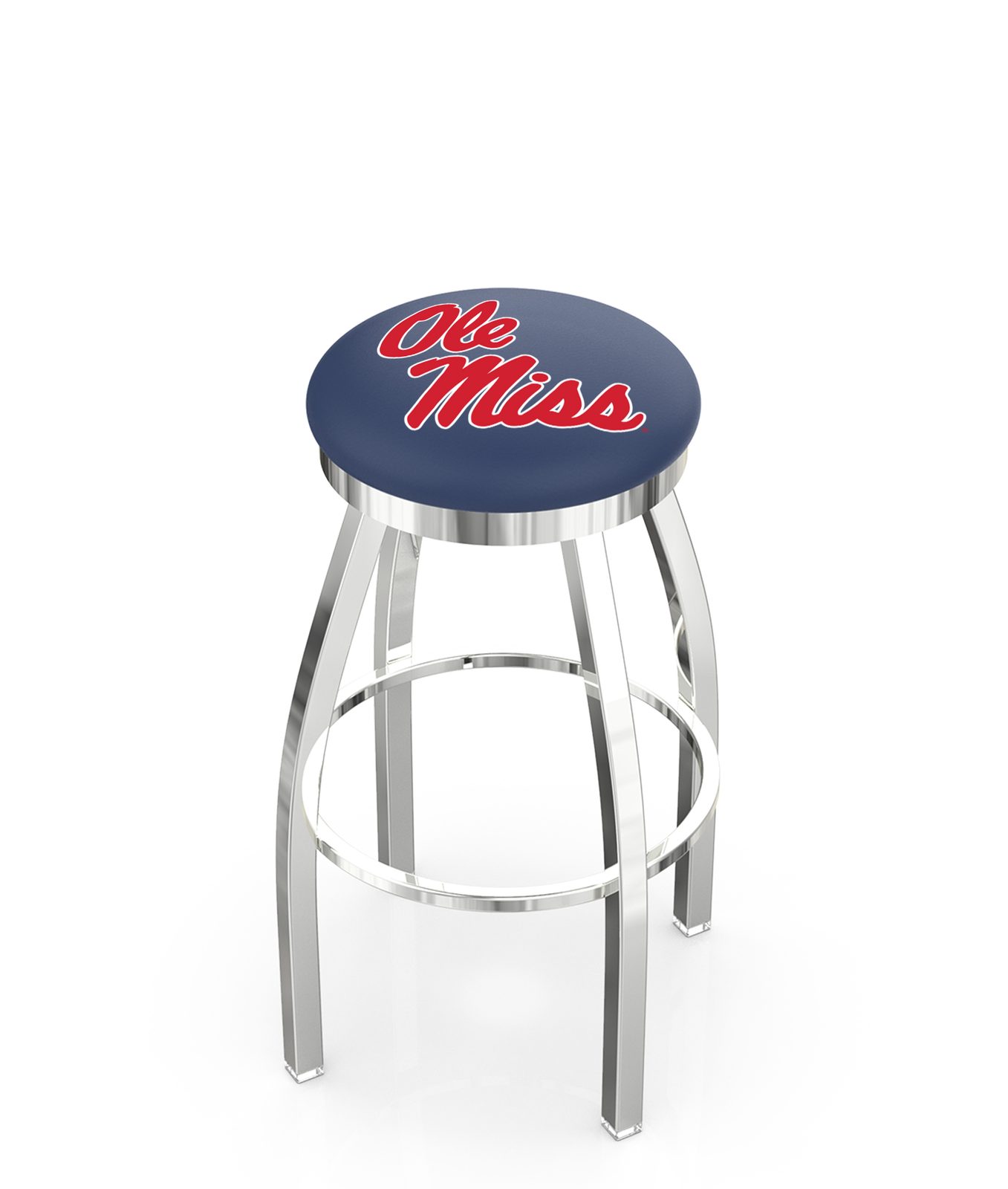 University of Mississippi 36-Inch Swivel Backless Extra Tall Bar Stool w/ Chrome Finish, Single-Ring Base, 2-Inch Chrome Ring, 2.5-Inch Cushion Seat 1 University of Mississippi 36-Inch Swivel Backless Extra Tall Bar Stool w/ Chrome Finish, Single-Ring Base, 2-Inch Chrome Ring, 2.5-Inch Cushion Seat