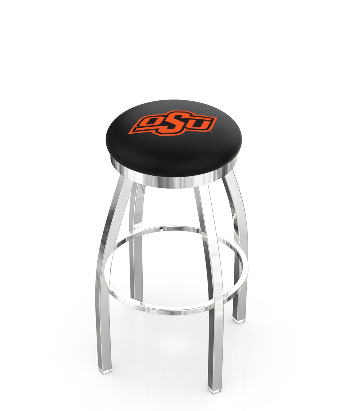 Oklahoma State University 36-Inch Swivel Backless Extra Tall Bar Stool w/ Chrome Finish, Single-Ring Base, 2-Inch Chrome Ring, 2.5-Inch Cushion Seat 1 Oklahoma State University 36-Inch Swivel Backless Extra Tall Bar Stool w/ Chrome Finish, Single-Ring Base, 2-Inch Chrome Ring, 2.5-Inch Cushion Seat
