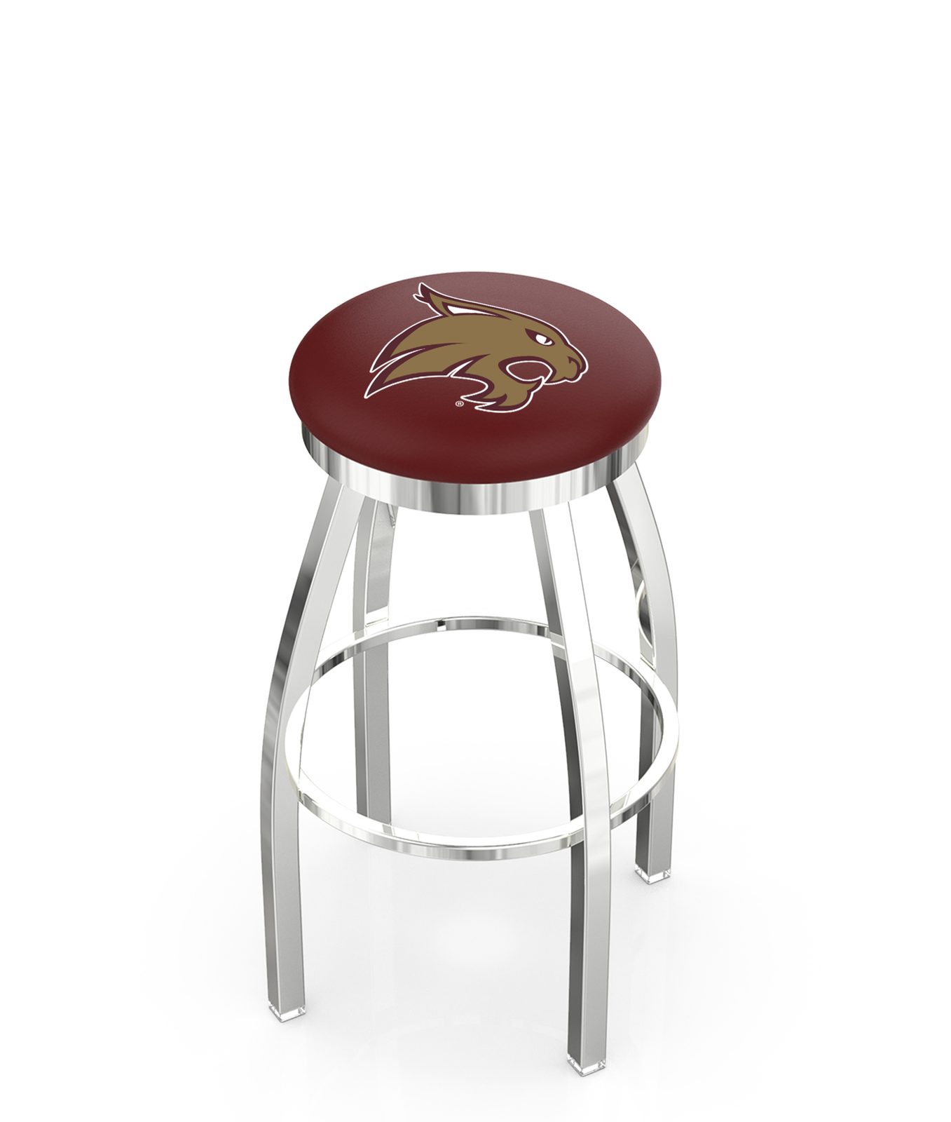 Texas State University 36-Inch Swivel Backless Extra Tall Bar Stool w/ Chrome Finish, Single-Ring Base, 2-Inch Chrome Ring, 2.5-Inch Cushion Seat 1 Texas State University 36-Inch Swivel Backless Extra Tall Bar Stool w/ Chrome Finish, Single-Ring Base, 2-Inch Chrome Ring, 2.5-Inch Cushion Seat