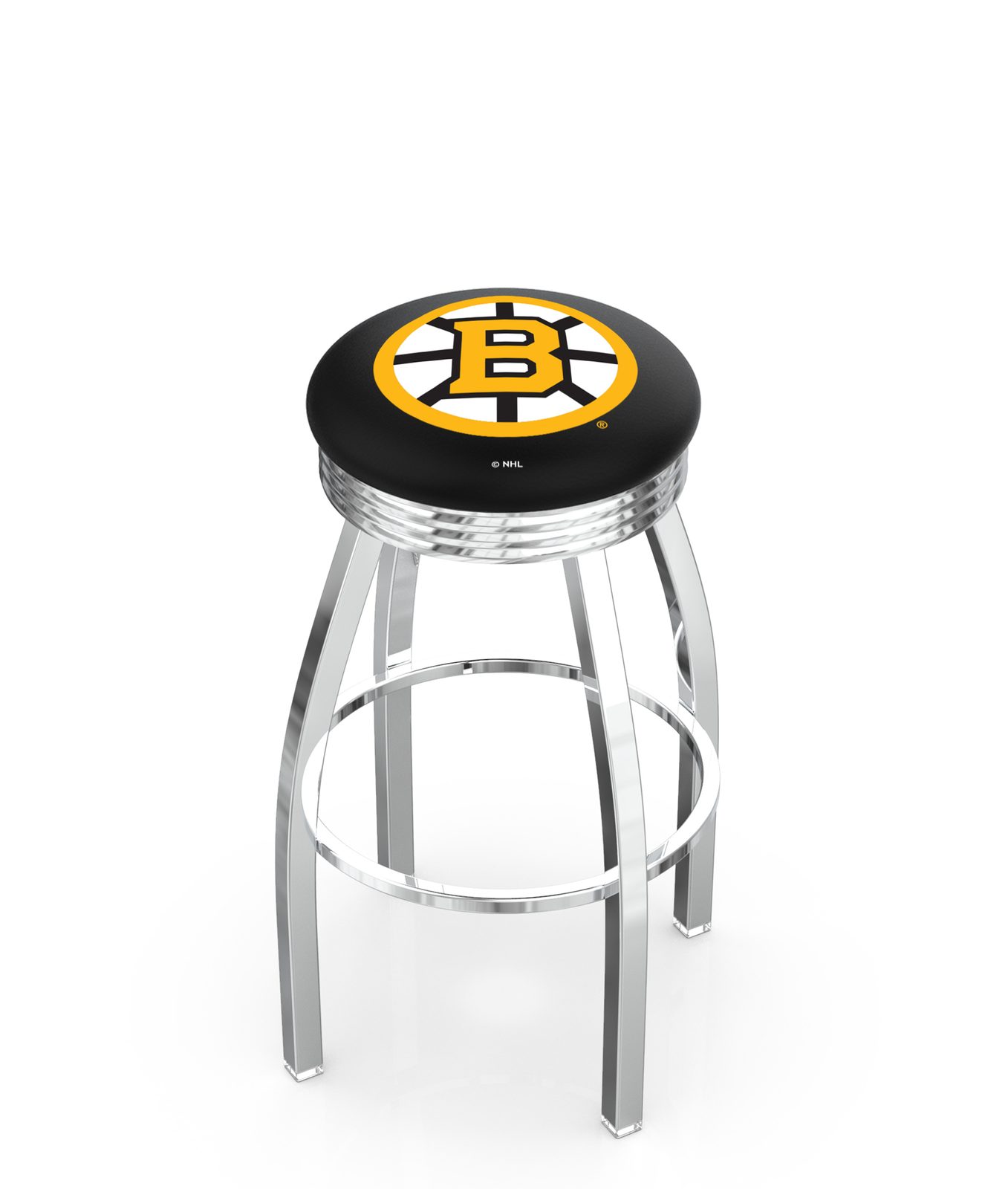 Boston Bruins 30-Inch Swivel Backless Bar Stool w/ Chrome Finish, Single-Ring Base, 2.75-Inch Chrome Ribbed Ring, 2.5-Inch Cushion Seat 1 Boston Bruins 30-Inch Swivel Backless Bar Stool w/ Chrome Finish, Single-Ring Base, 2.75-Inch Chrome Ribbed Ring, 2.5-Inch Cushion Seat