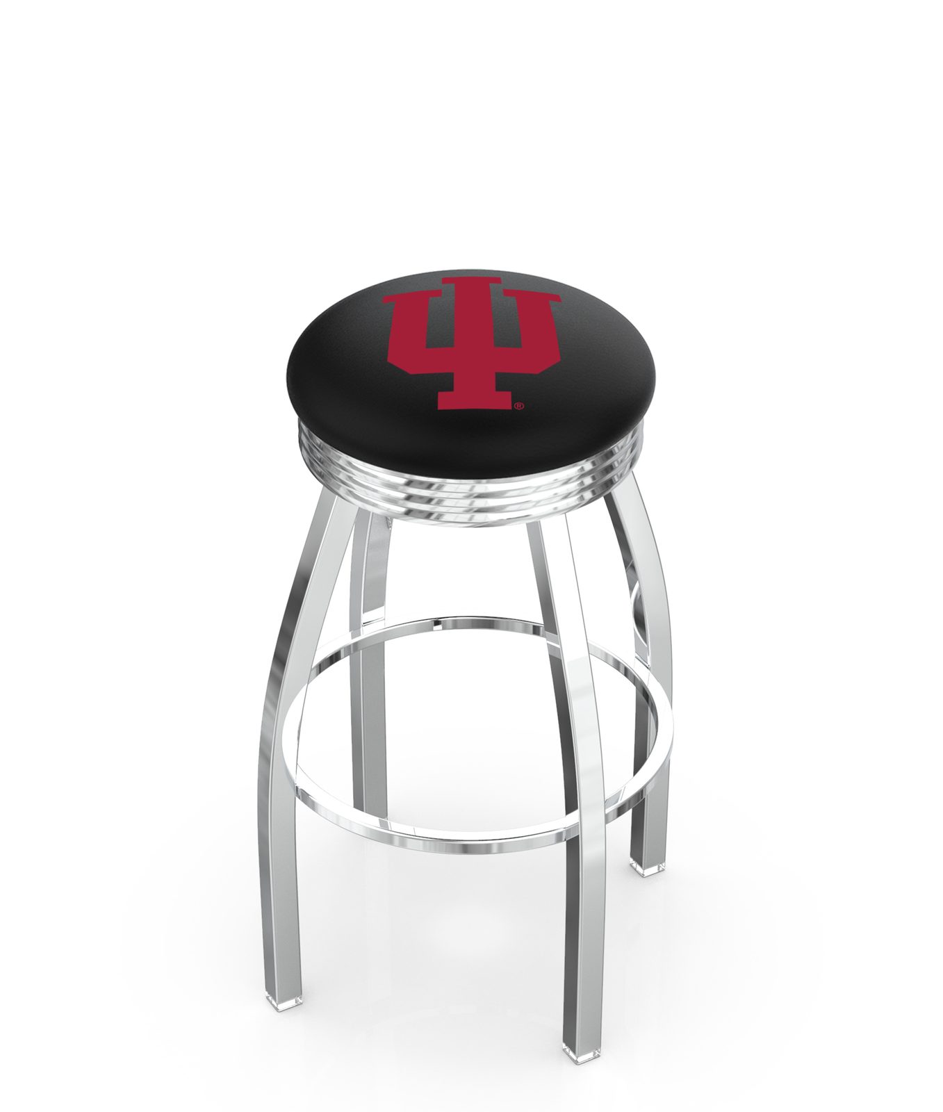 Indiana University 25-Inch Swivel Backless Counter Stool w/ Chrome Finish, Single-Ring Base, 2.75-Inch Chrome Ribbed Ring, 2.5-Inch Cushion Seat 1 Indiana University 25-Inch Swivel Backless Counter Stool w/ Chrome Finish, Single-Ring Base, 2.75-Inch Chrome Ribbed Ring, 2.5-Inch Cushion Seat