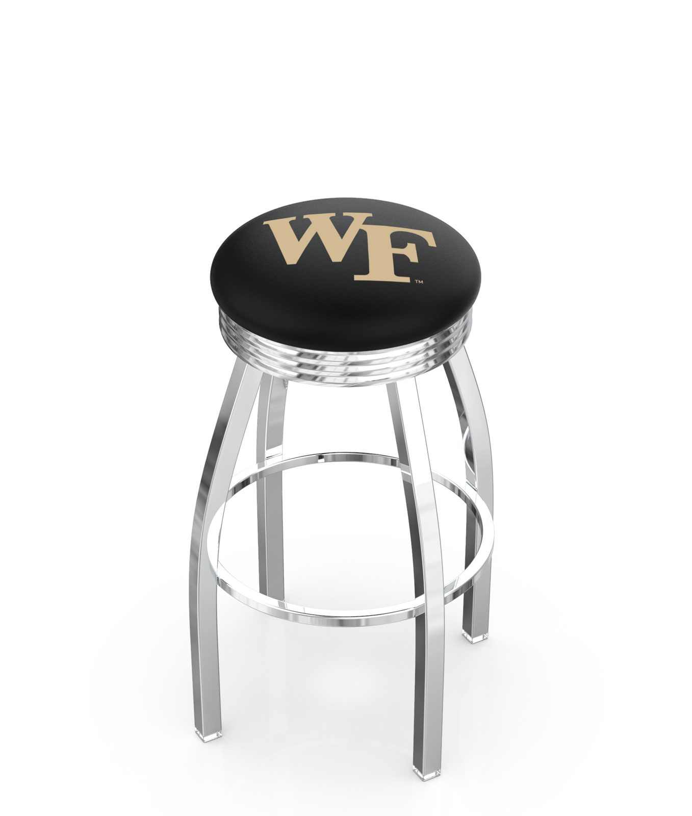 Wake Forest University 25-Inch Swivel Backless Counter Stool w/ Chrome Finish, Single-Ring Base, 2.75-Inch Chrome Ribbed Ring, 2.5-Inch Cushion Seat 1 Wake Forest University 25-Inch Swivel Backless Counter Stool w/ Chrome Finish, Single-Ring Base, 2.75-Inch Chrome Ribbed Ring, 2.5-Inch Cushion Seat