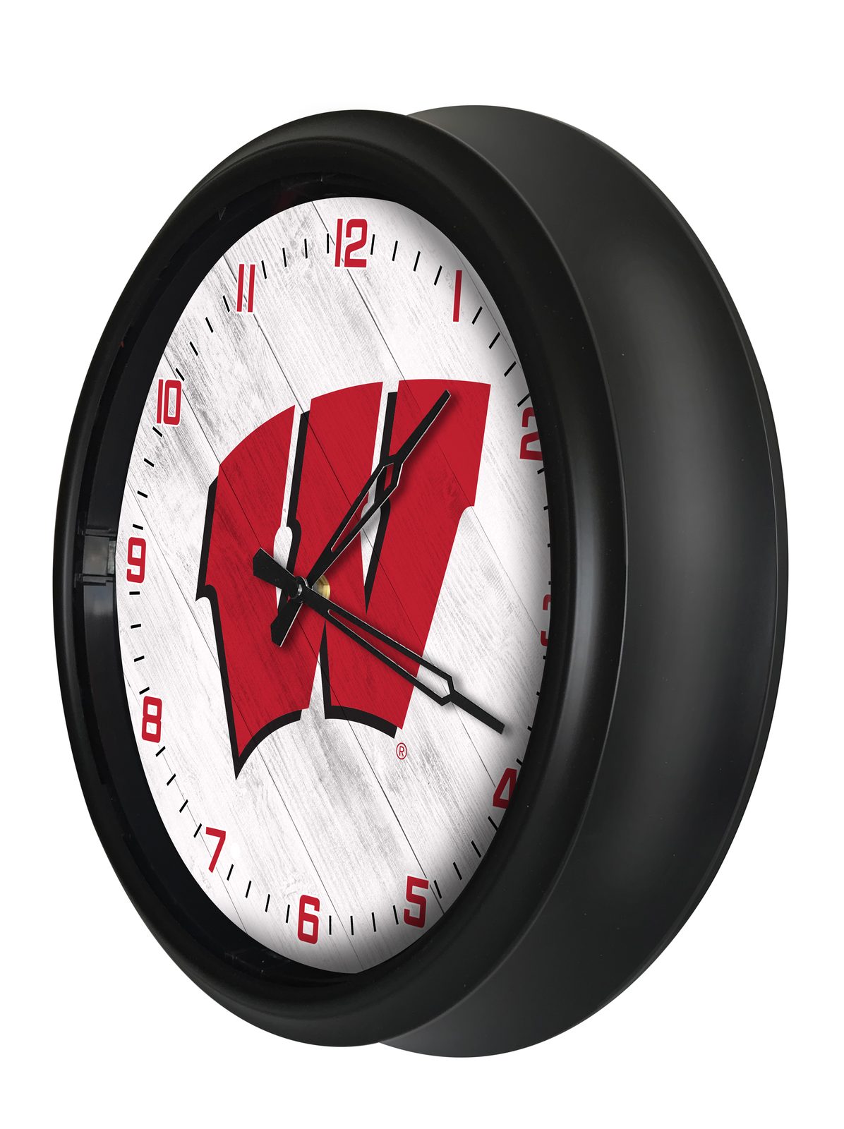 University of Wisconsin (W) 14-Inch Indoor/Outdoor LED Wall Clock in Black 2 University of Wisconsin (W) 14-Inch Indoor/Outdoor LED Wall Clock in Black - Image 2