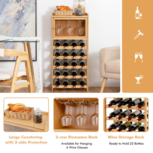 Bamboo Freestanding Wine Rack with Glass Hanger and Cabinet 3 Bamboo Freestanding Wine Rack with Glass Hanger and Cabinet - Image 3