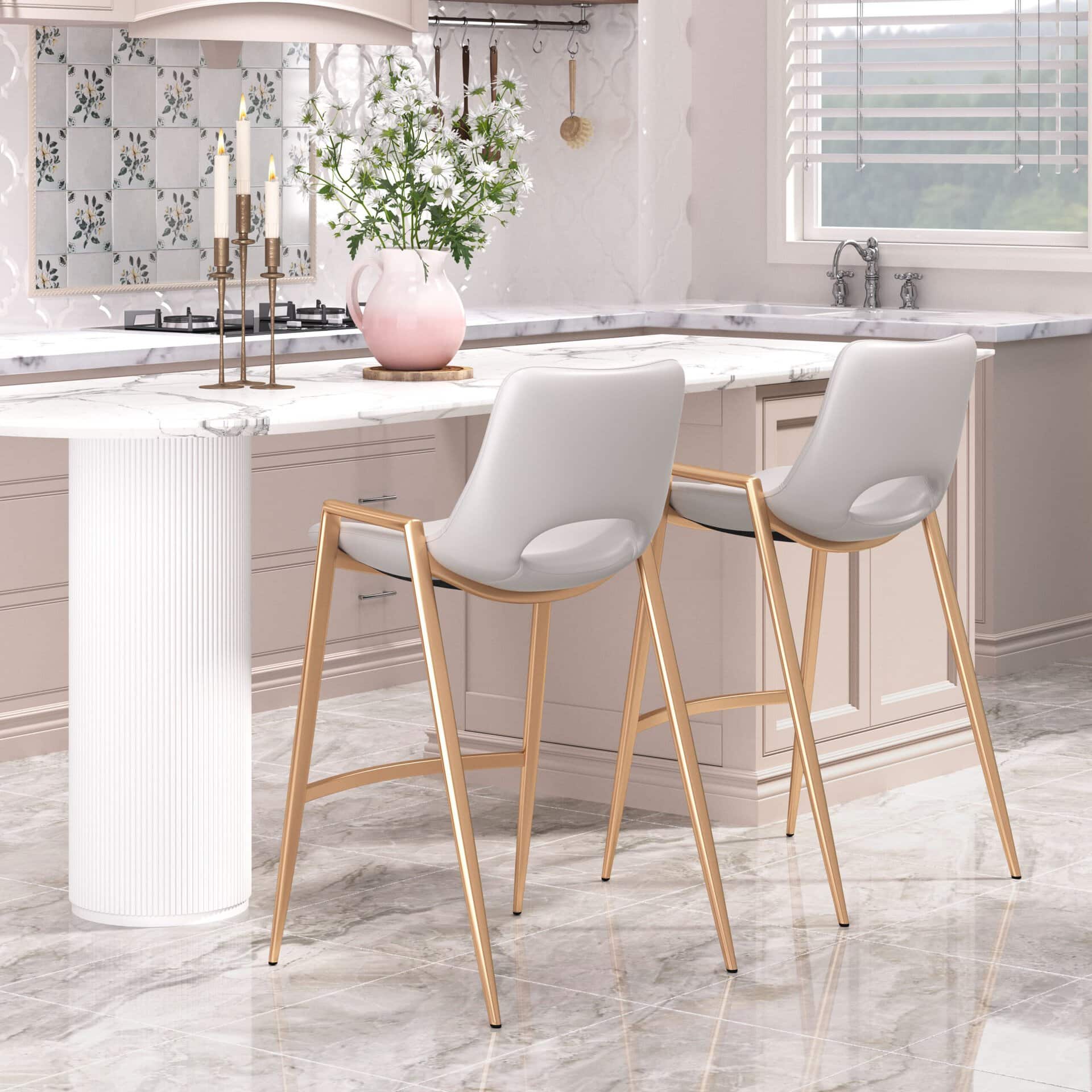White and Gold Faux Leather Counter Stool with Footrest (Set of 2)