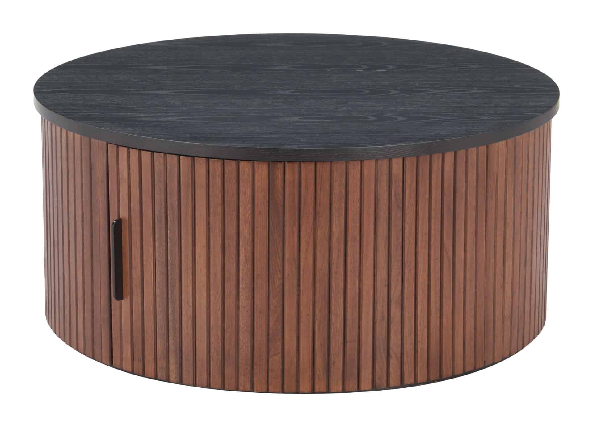 Round Black & Walnut Coffee Table with Storage and Elegant Wood Legs 1 Round Black & Walnut Coffee Table with Storage and Elegant Wood Legs