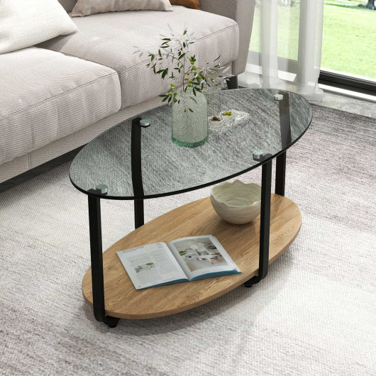 Modern 2-Tier Glass Oval Coffee Table with Wooden Shelf 2 Modern 2-Tier Glass Oval Coffee Table with Wooden Shelf - Image 2